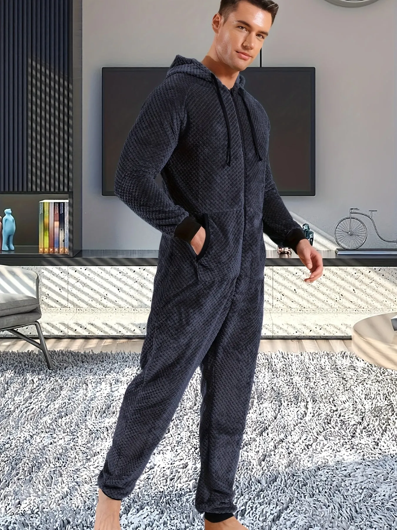 1 Pc Men's Dark Gray Plush Hooded Long Sleeve Pajama Jumpsuit With Zipper - Cozy One-Piece Loungewear, Relaxed Fit Home Wear