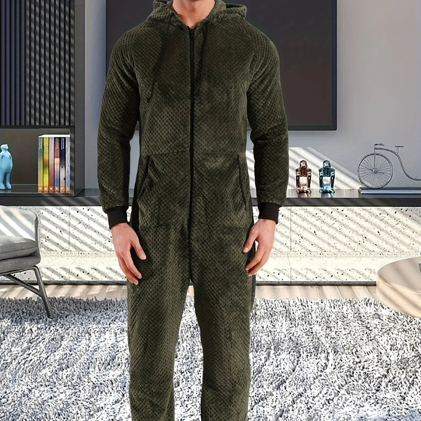 1 Pc Men's Dark Gray Plush Hooded Long Sleeve Pajama Jumpsuit With Zipper - Cozy One-Piece Loungewear, Relaxed Fit Home Wear