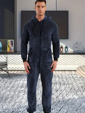 1 Pc Men's Dark Gray Plush Hooded Long Sleeve Pajama Jumpsuit With Zipper - Cozy One-Piece Loungewear, Relaxed Fit Home Wear