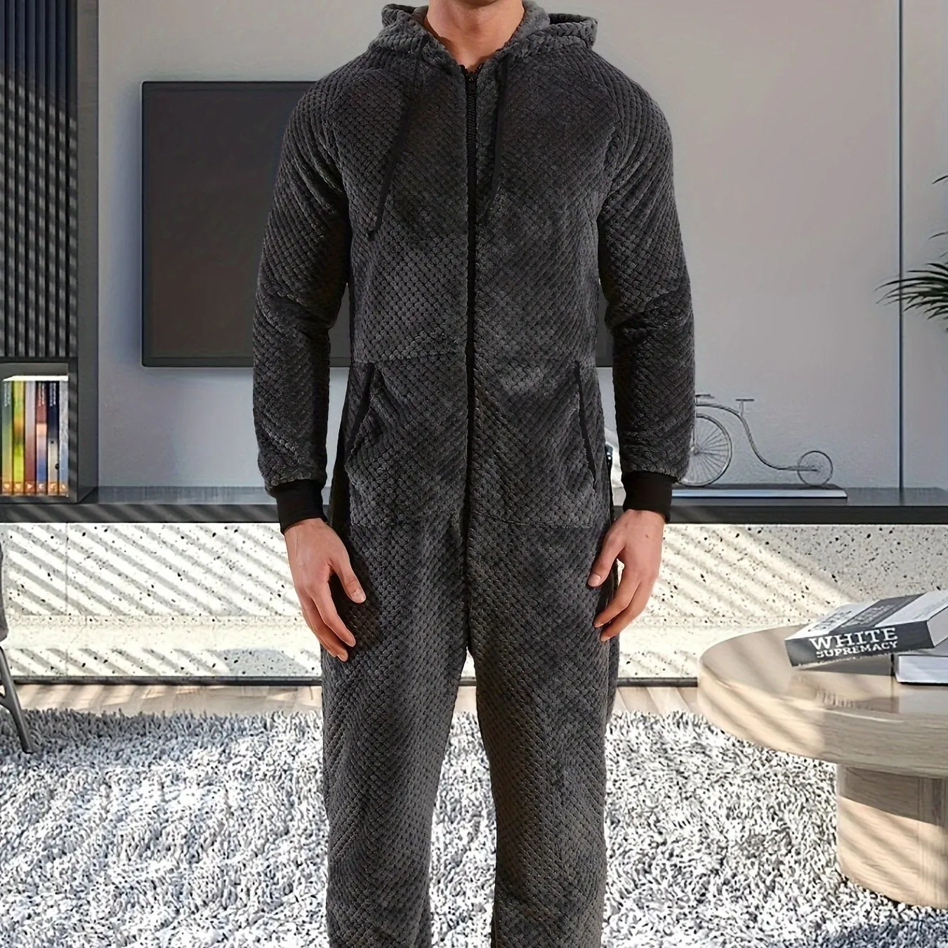 1 Pc Men's Dark Gray Plush Hooded Long Sleeve Pajama Jumpsuit With Zipper - Cozy One-Piece Loungewear, Relaxed Fit Home Wear