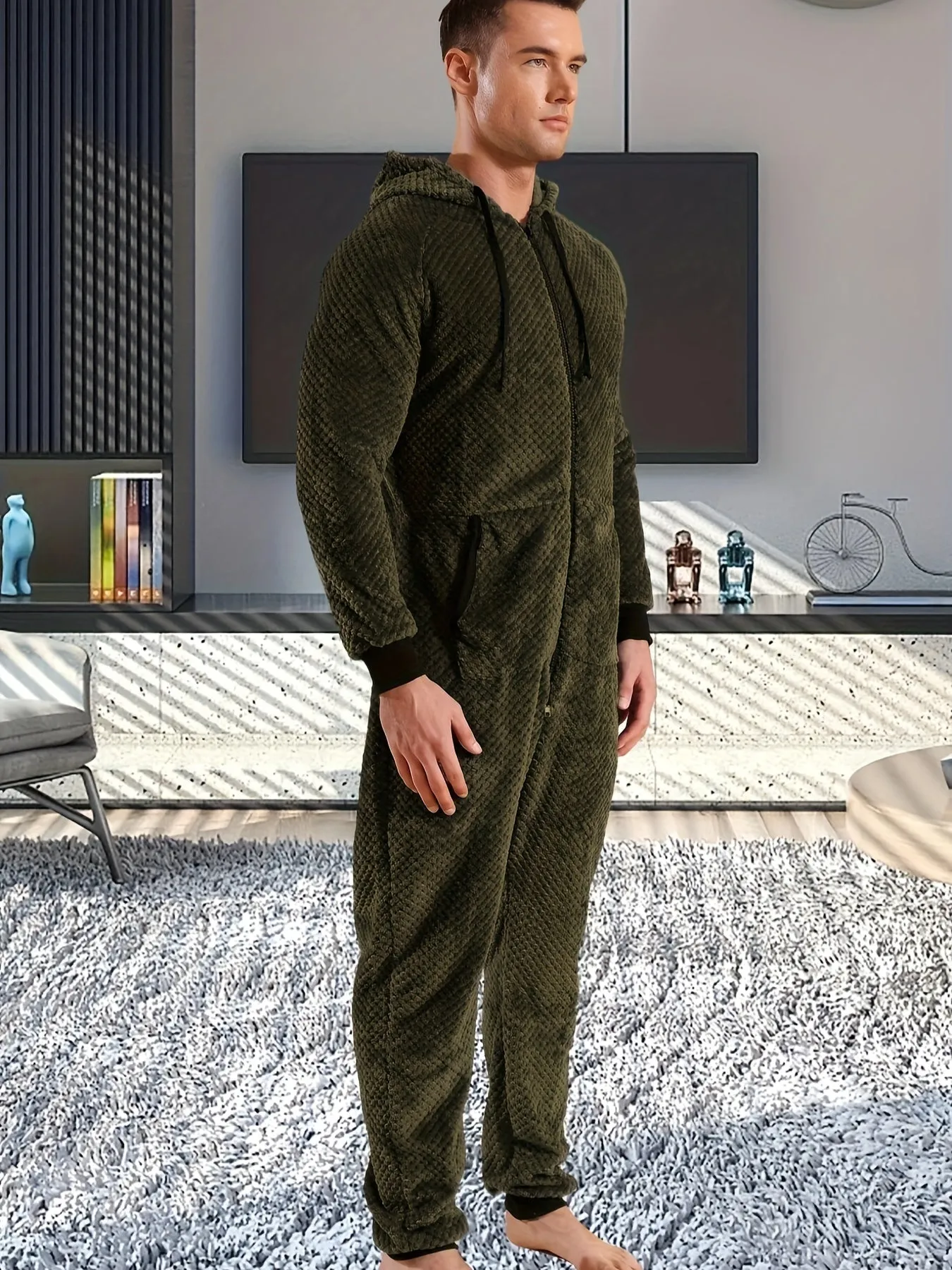 1 Pc Men's Dark Gray Plush Hooded Long Sleeve Pajama Jumpsuit With Zipper - Cozy One-Piece Loungewear, Relaxed Fit Home Wear