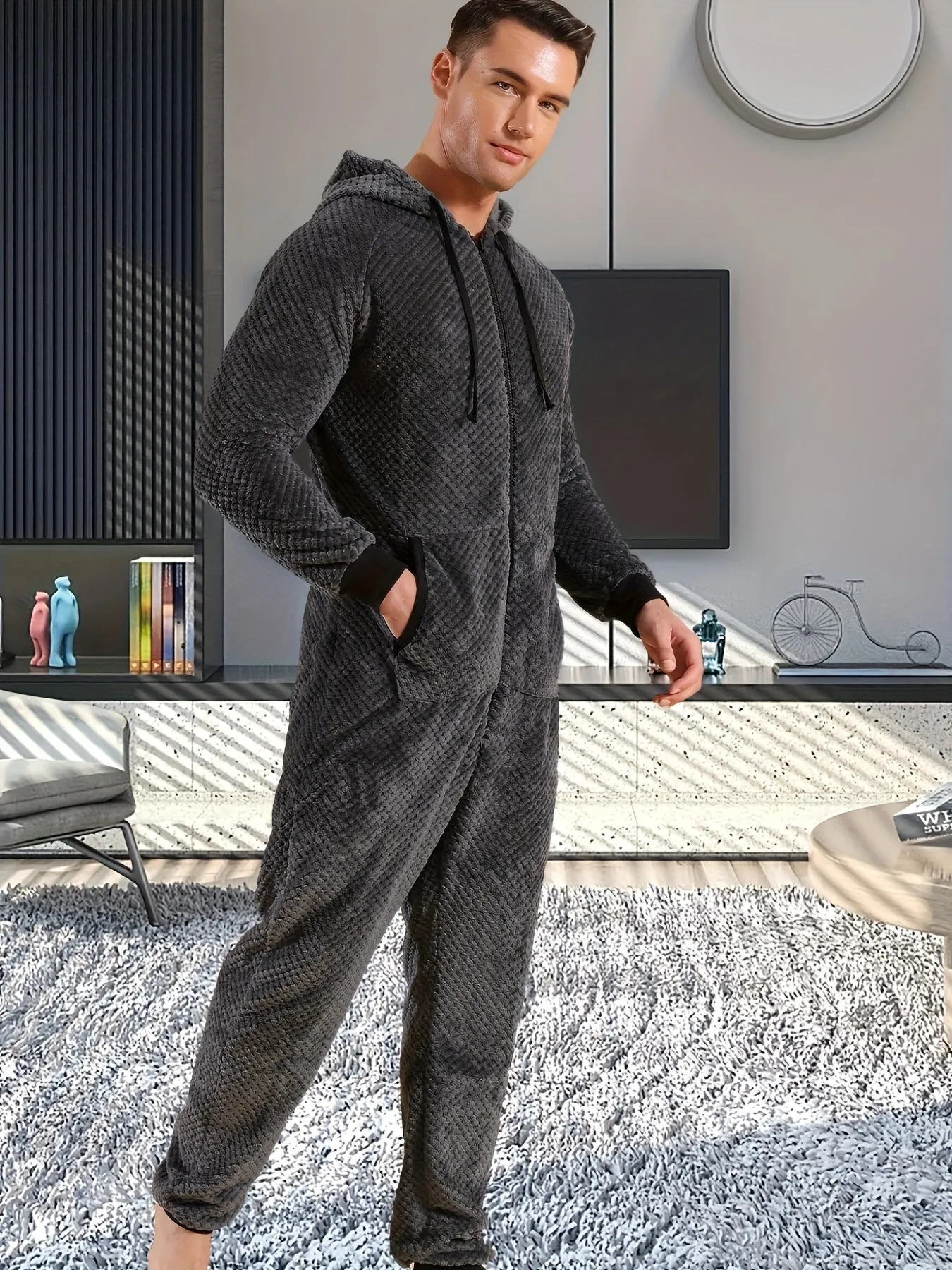 1 Pc Men's Dark Gray Plush Hooded Long Sleeve Pajama Jumpsuit With Zipper - Cozy One-Piece Loungewear, Relaxed Fit Home Wear