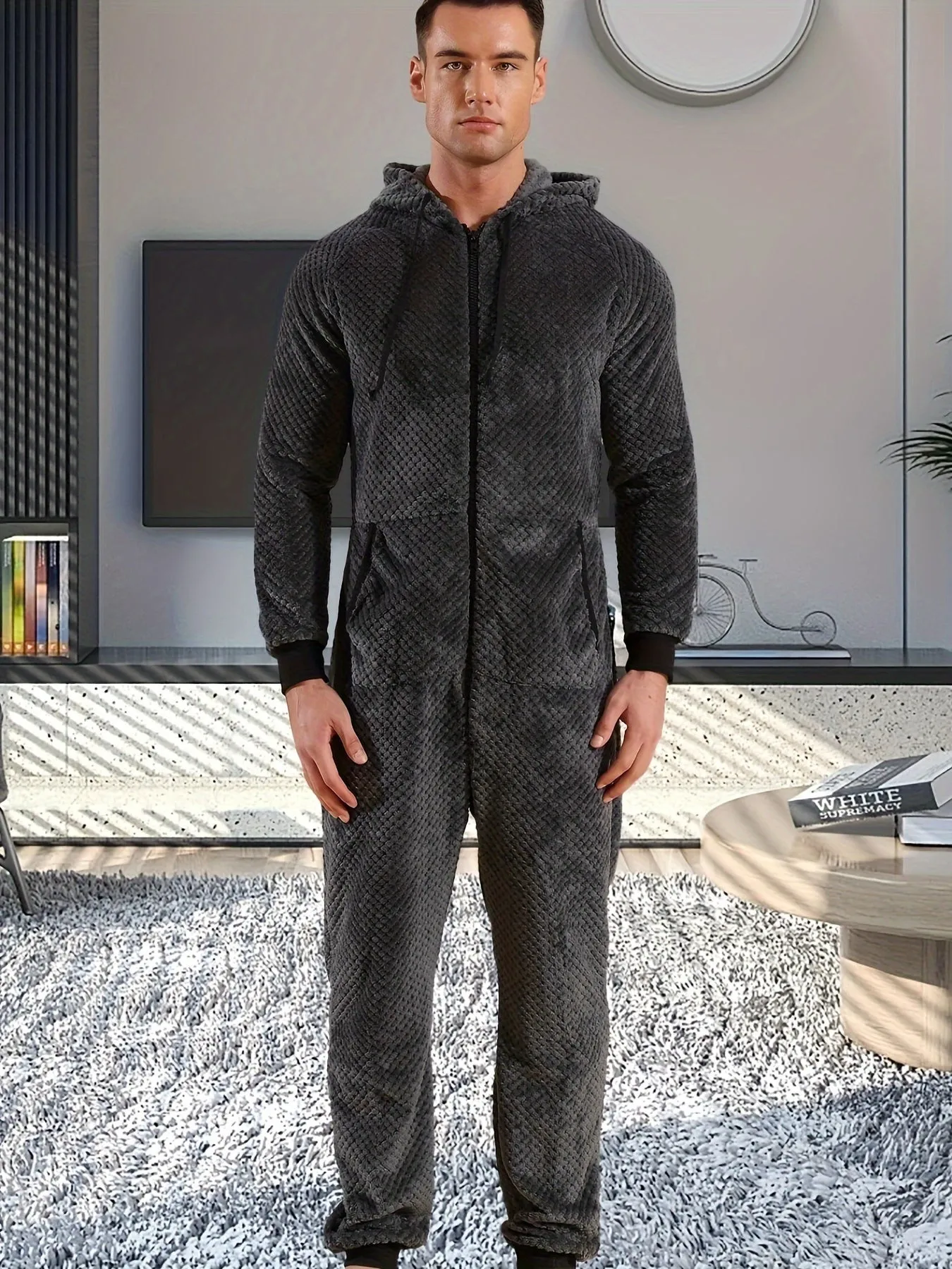 1 Pc Men's Dark Gray Plush Hooded Long Sleeve Pajama Jumpsuit With Zipper - Cozy One-Piece Loungewear, Relaxed Fit Home Wear