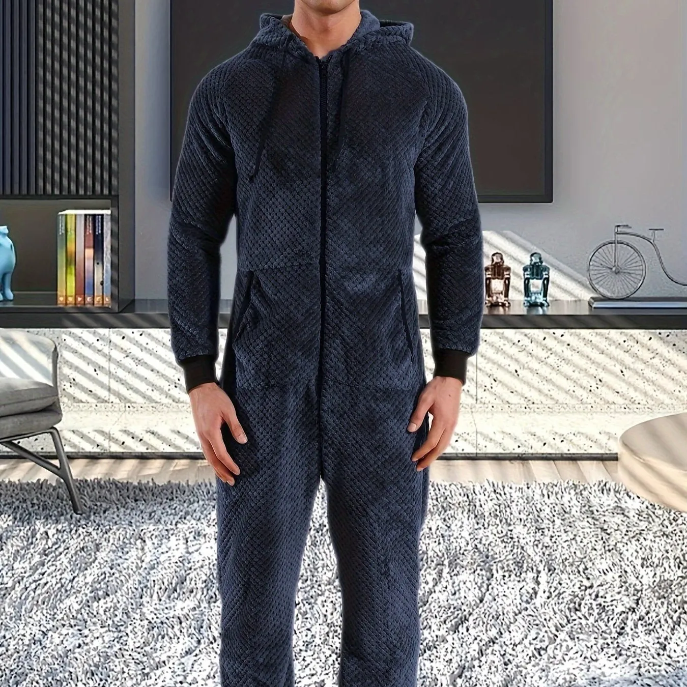 1 Pc Men's Dark Gray Plush Hooded Long Sleeve Pajama Jumpsuit With Zipper - Cozy One-Piece Loungewear, Relaxed Fit Home Wear