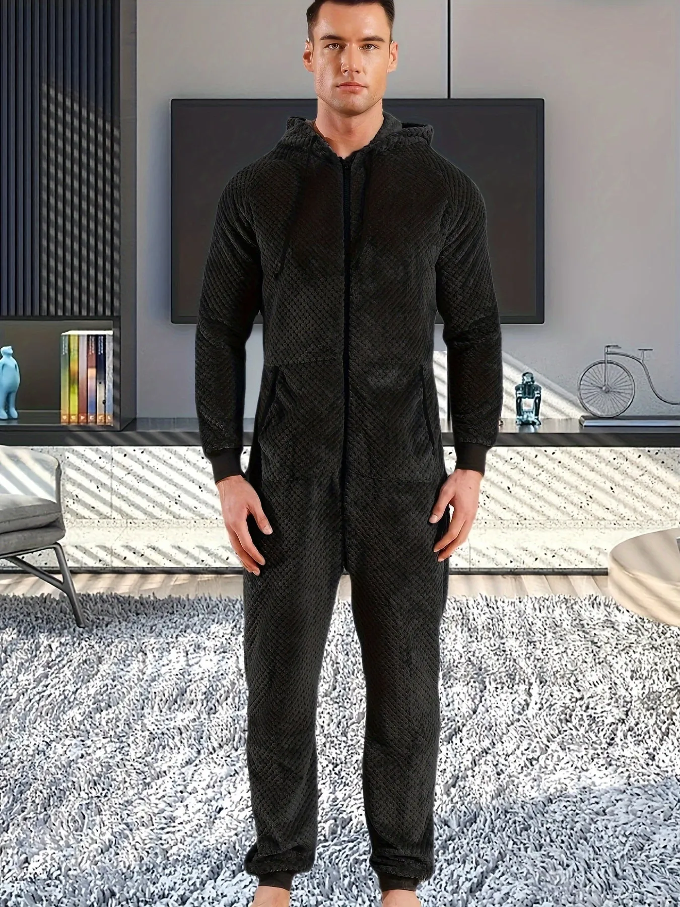 1 Pc Men's Dark Gray Plush Hooded Long Sleeve Pajama Jumpsuit With Zipper - Cozy One-Piece Loungewear, Relaxed Fit Home Wear