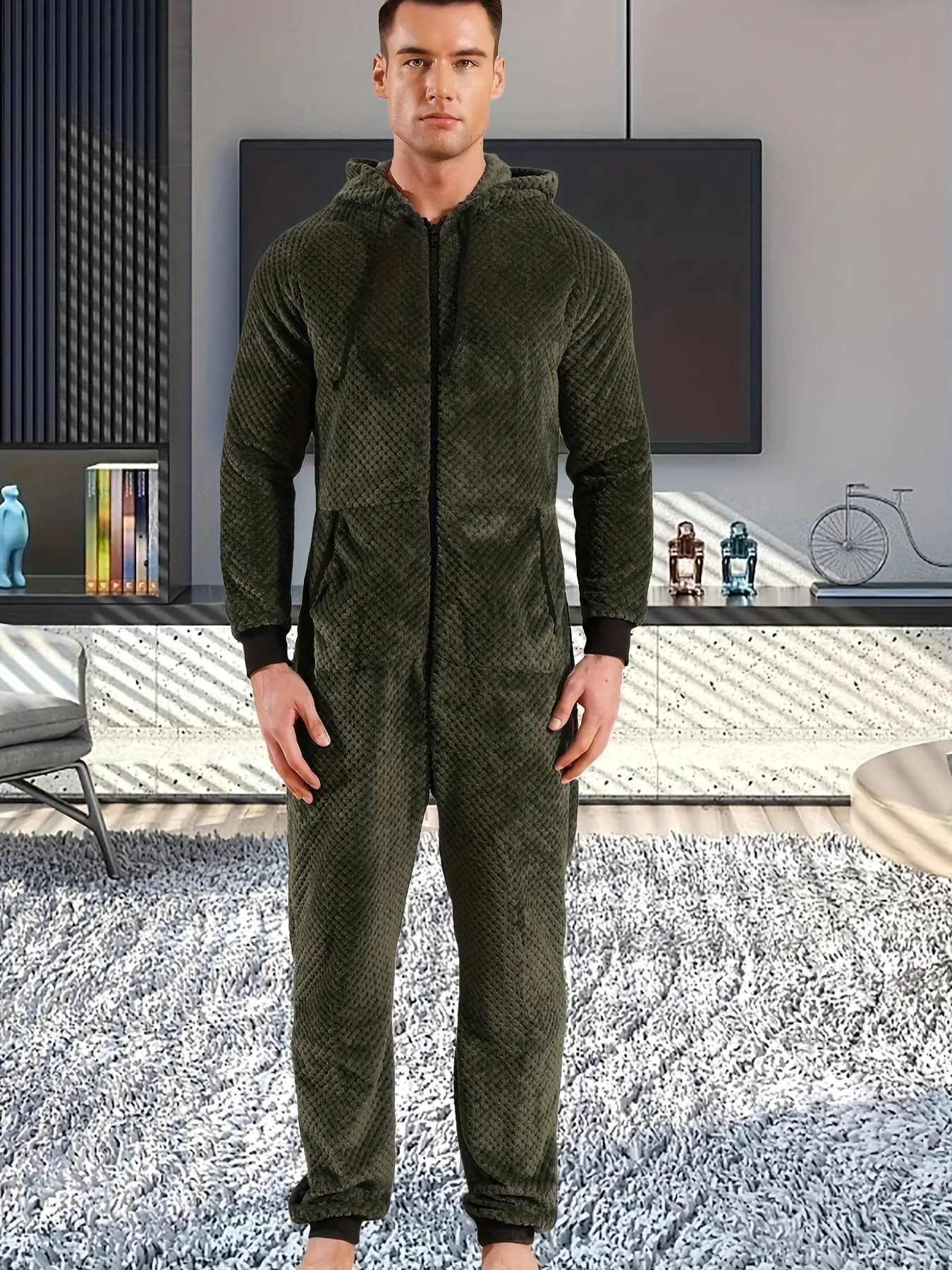 1 Pc Men's Dark Gray Plush Hooded Long Sleeve Pajama Jumpsuit With Zipper - Cozy One-Piece Loungewear, Relaxed Fit Home Wear