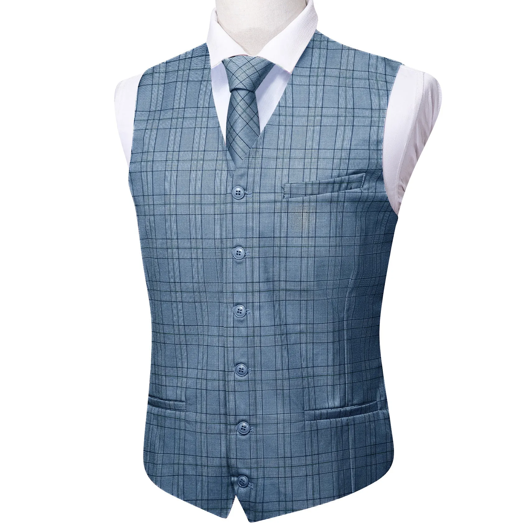 2PCS Blue Plaid Jacquard Men's Vest Tie Set