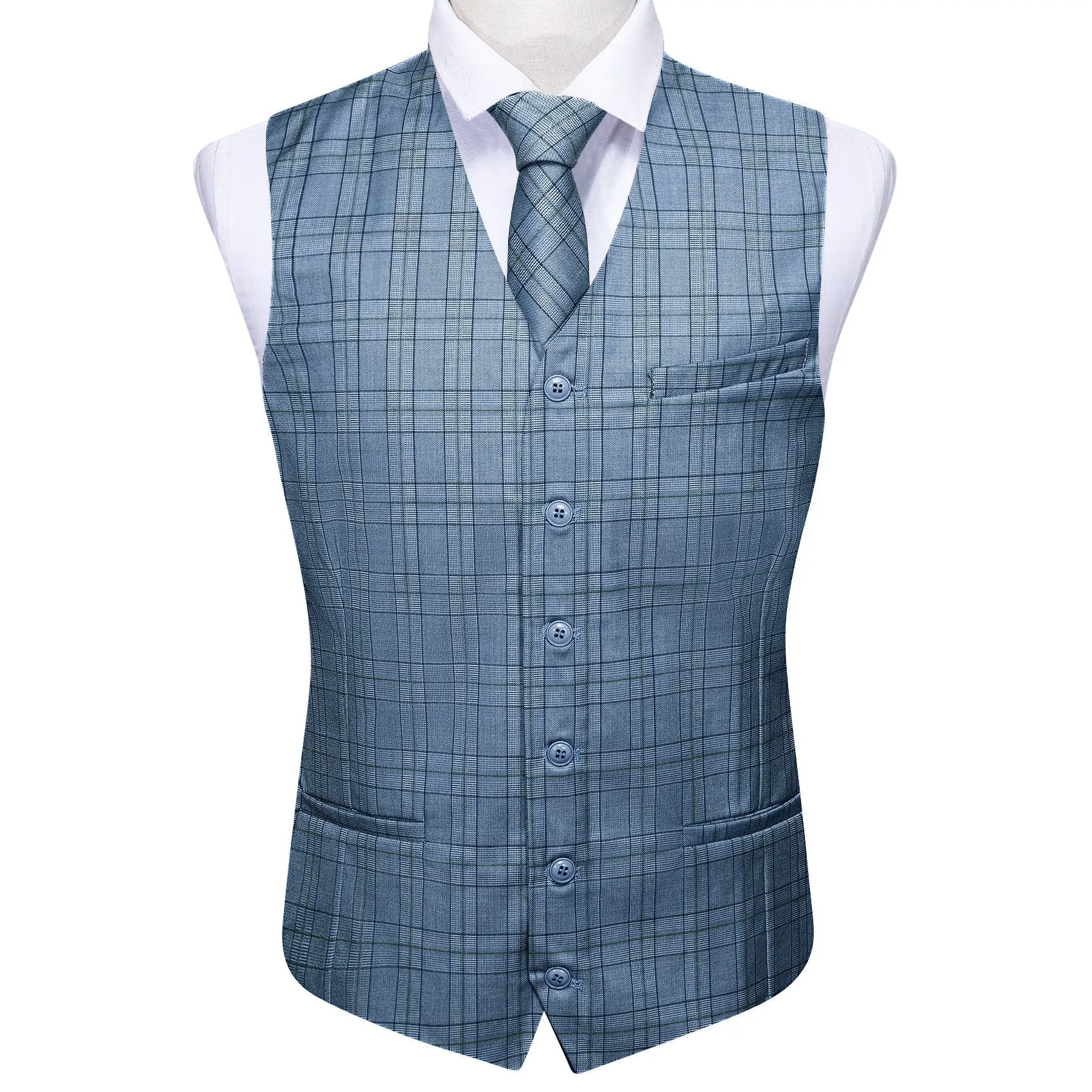 2PCS Blue Plaid Jacquard Men's Vest Tie Set