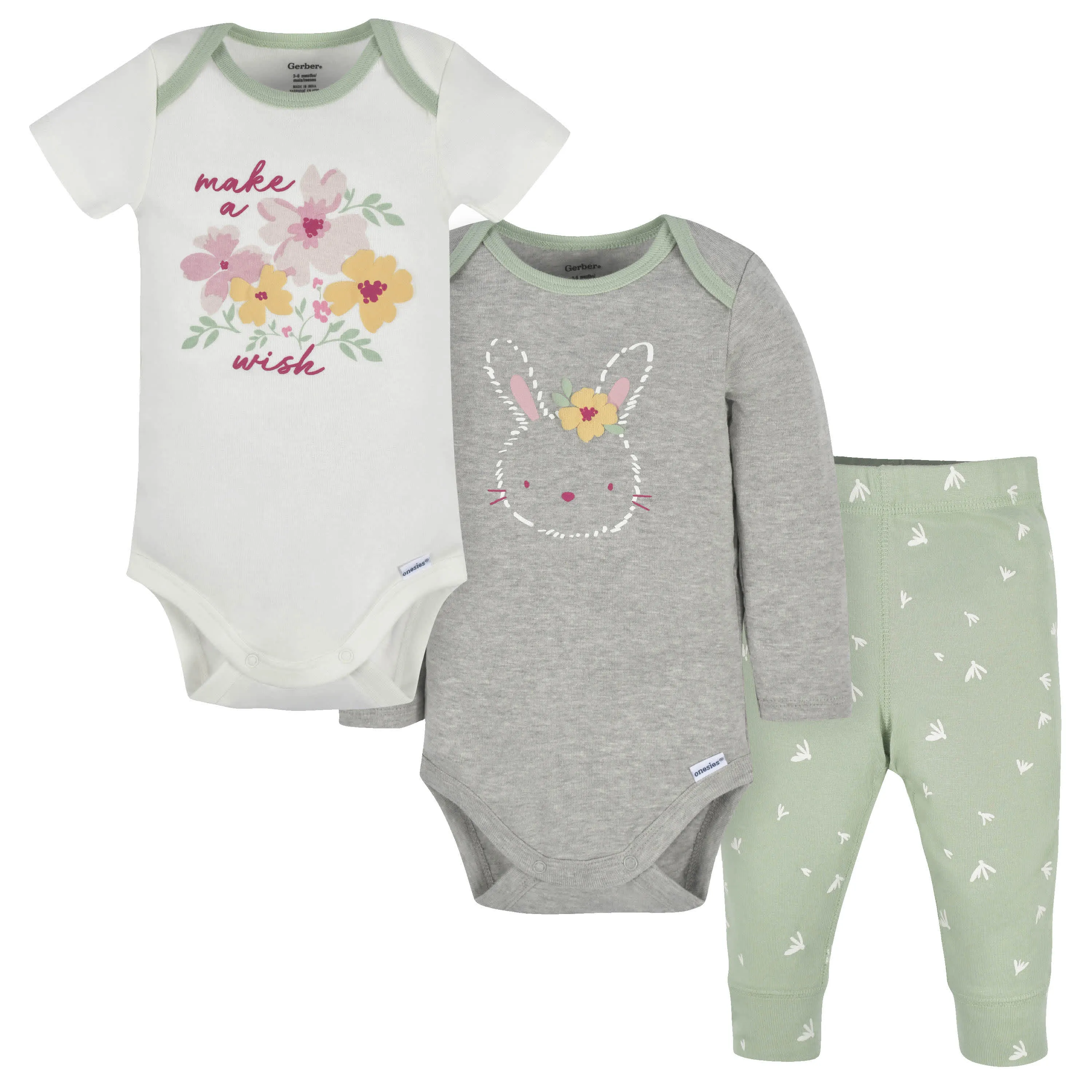 3-Piece Baby Girls Bunny Onesies® Bodysuits and Pants Set