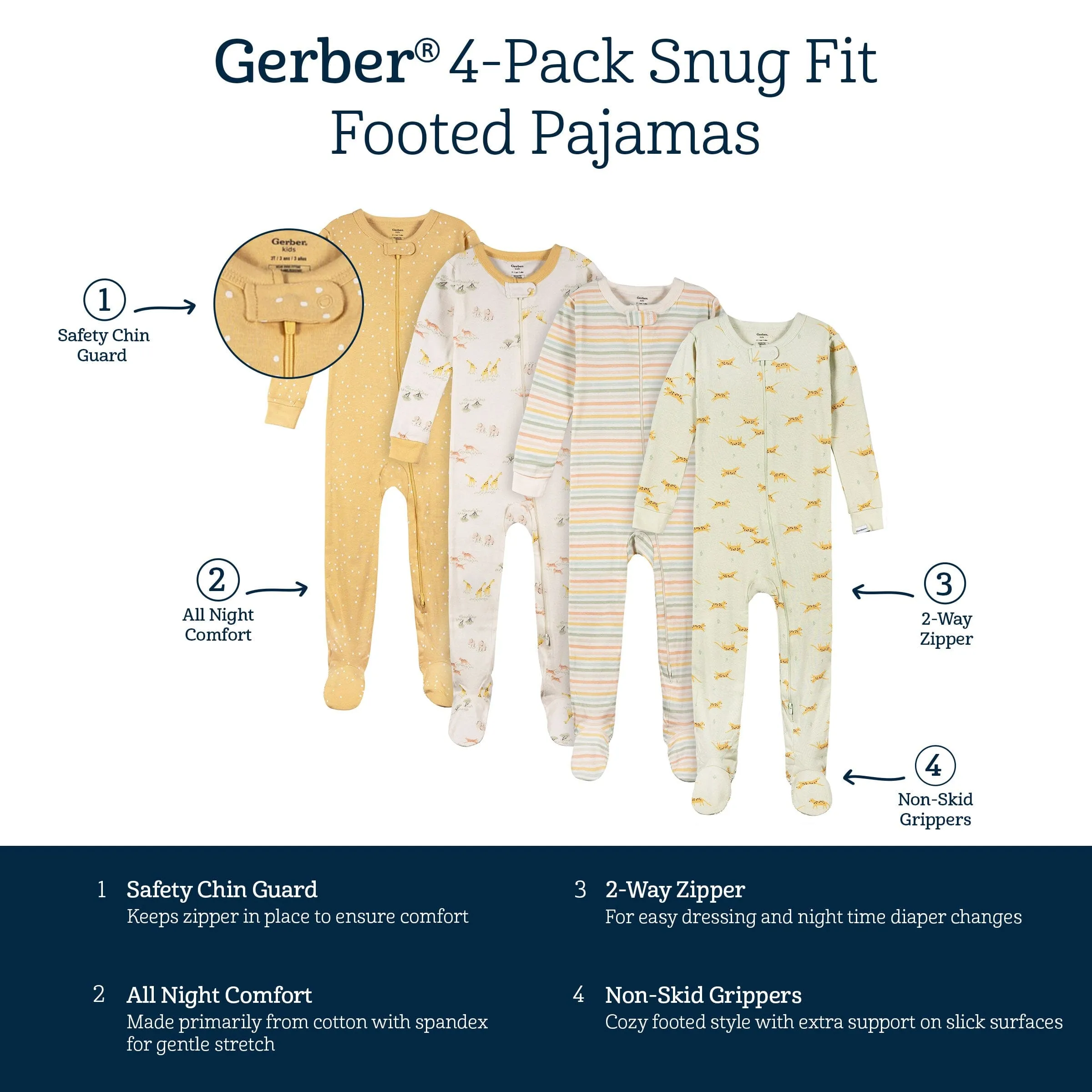 4-Pack Baby & Toddler Neutral Safari Snug Fit Footed Pajamas