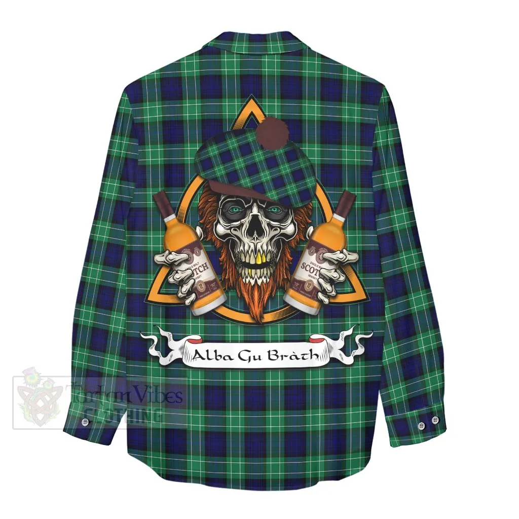 Abercrombie Tartan Women's Casual Shirt with Family Crest and Bearded Skull Holding Bottles of Whiskey