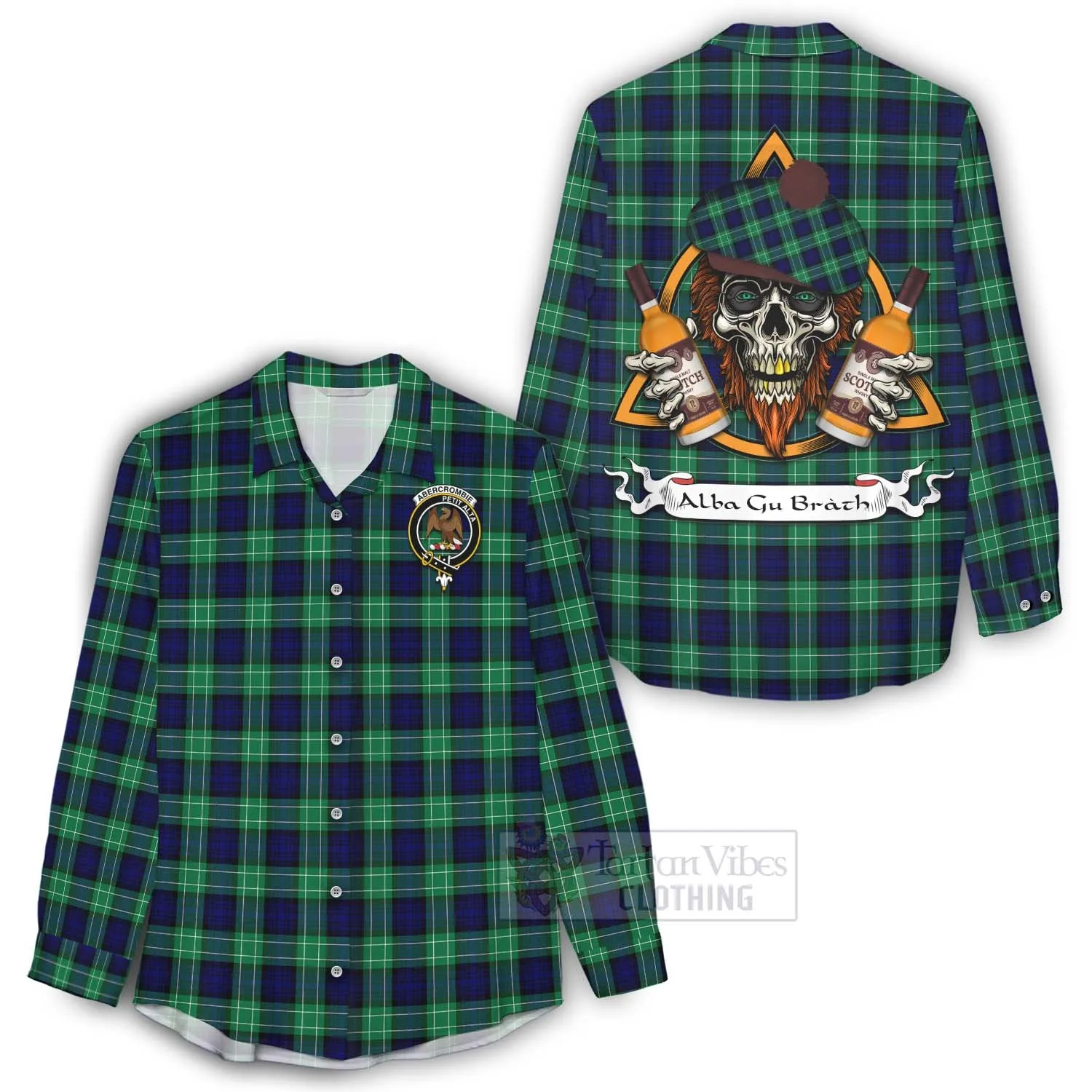 Abercrombie Tartan Women's Casual Shirt with Family Crest and Bearded Skull Holding Bottles of Whiskey