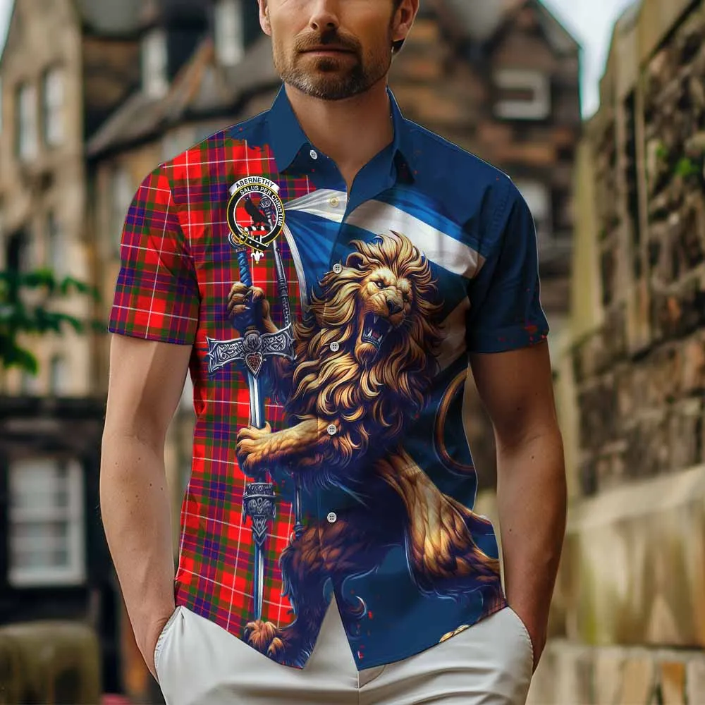 Abernethy Tartan Family Crest Short Sleeve Button Shirt with Scottish Majestic Lion