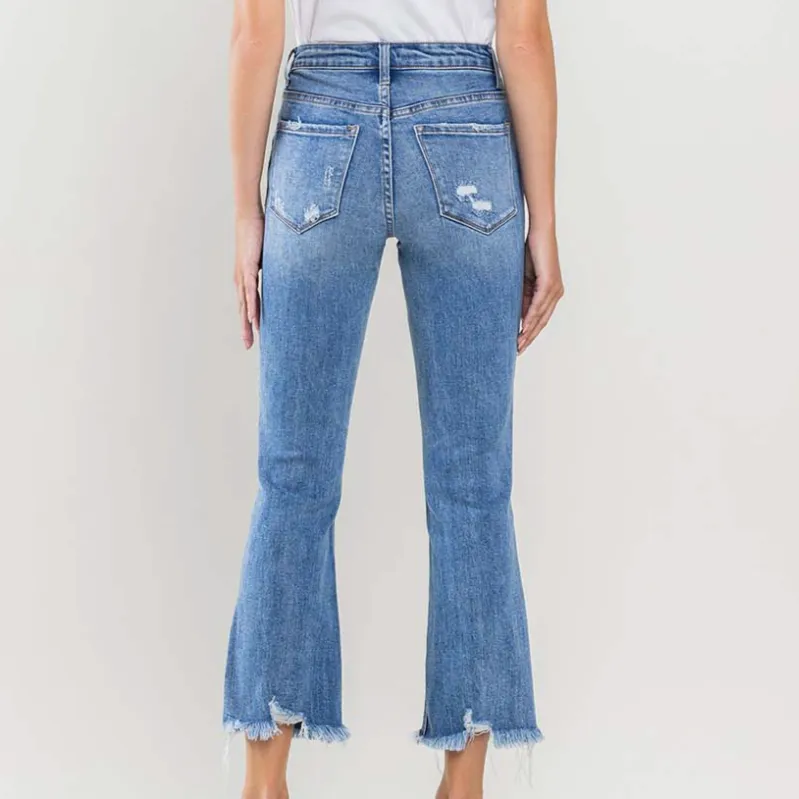 Amber Cropped Frayed Hem Medium Wash Flare Jeans