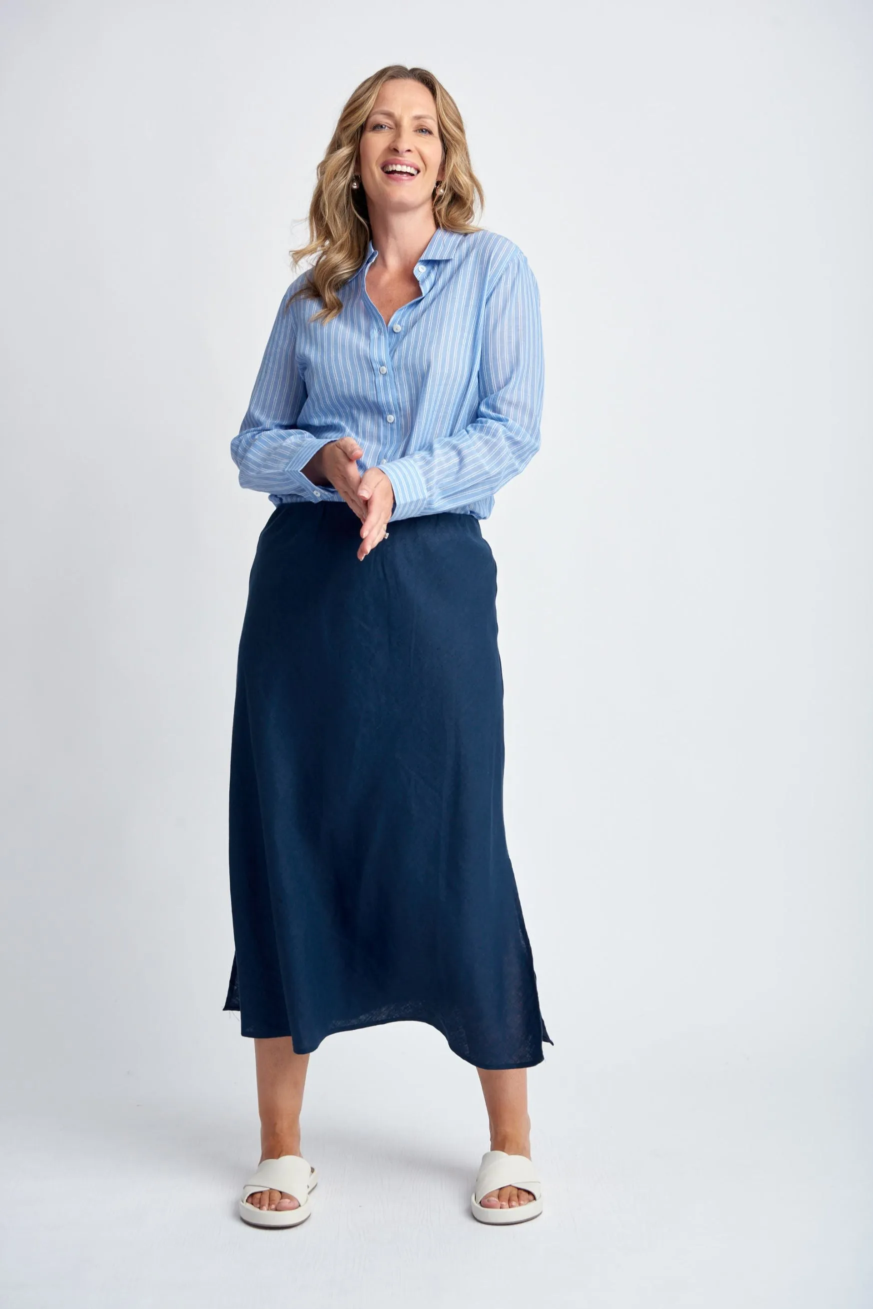 Bias Cut Linen Skirt Navy