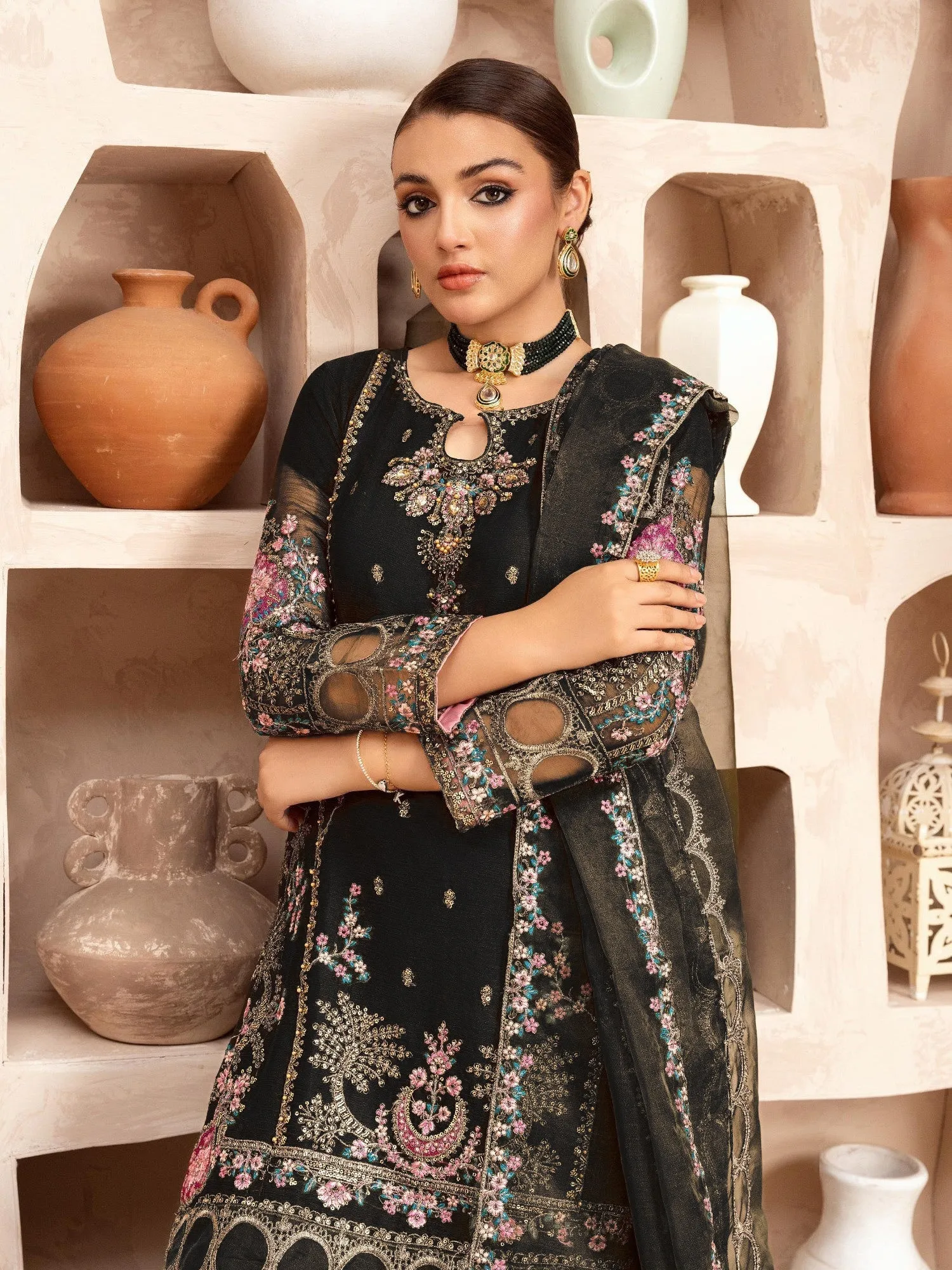 Black Embroidered Chiffon Suit with Silk Gharara