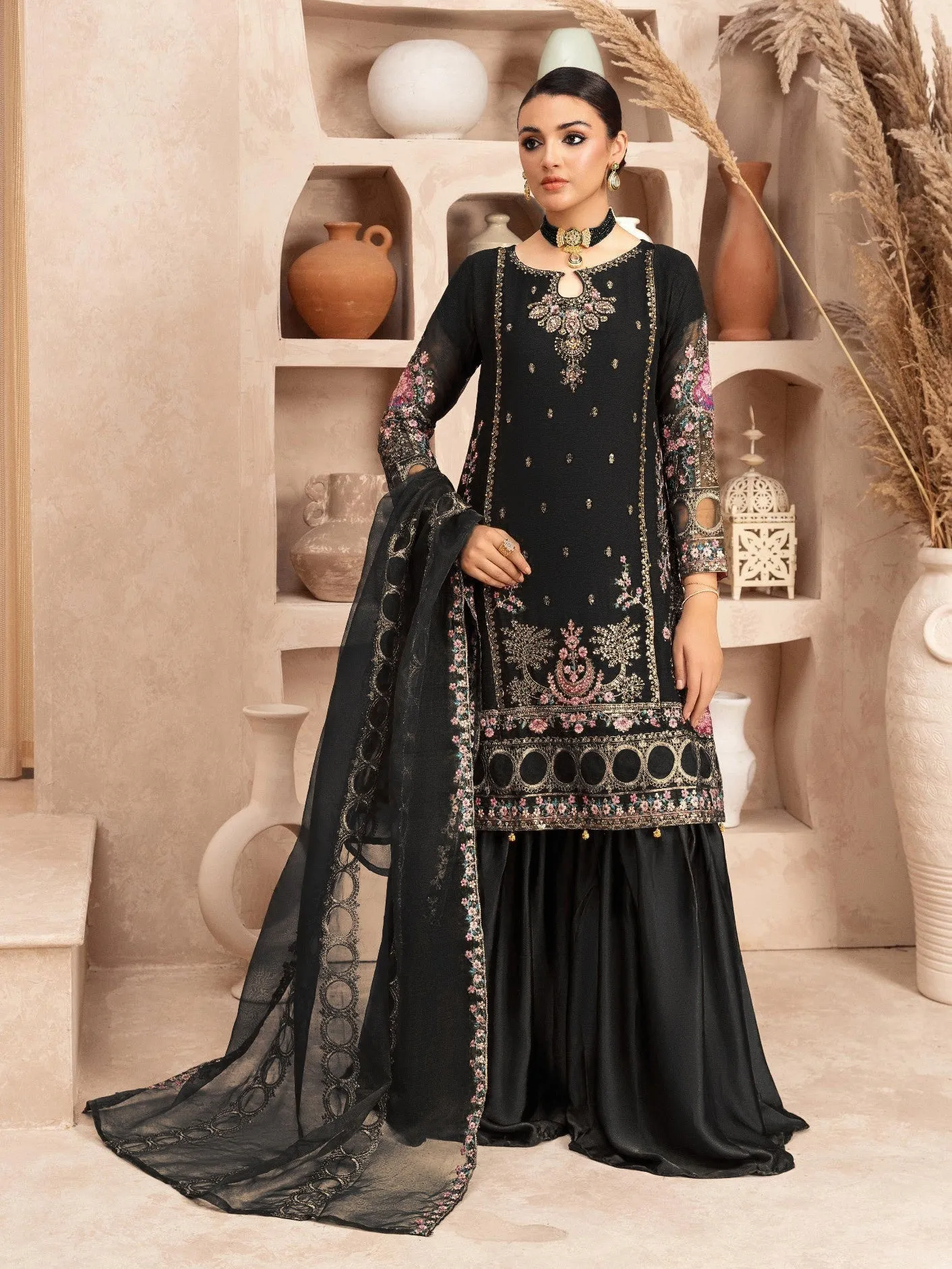 Black Embroidered Chiffon Suit with Silk Gharara