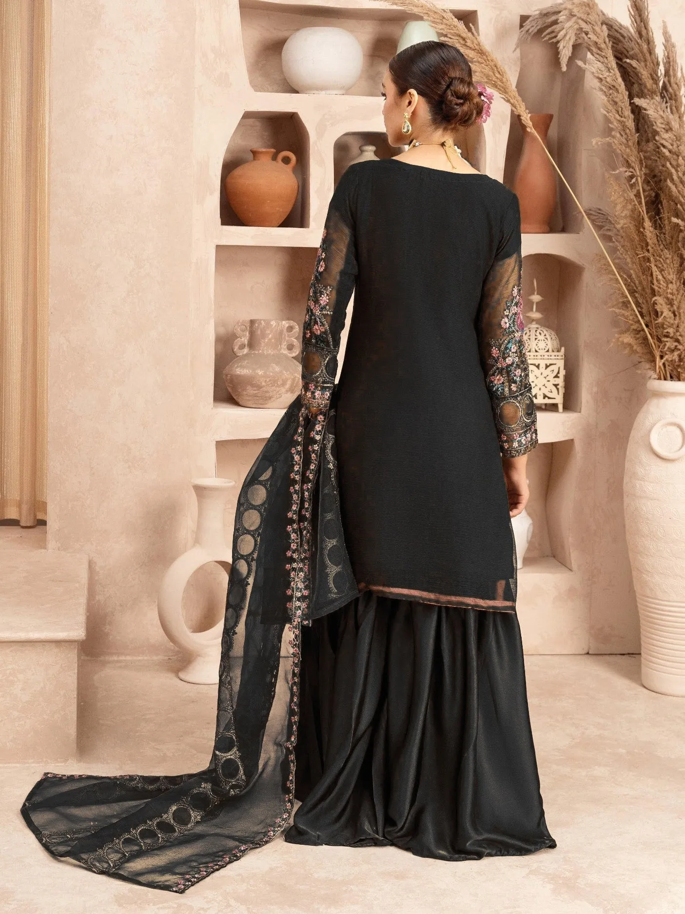 Black Embroidered Chiffon Suit with Silk Gharara