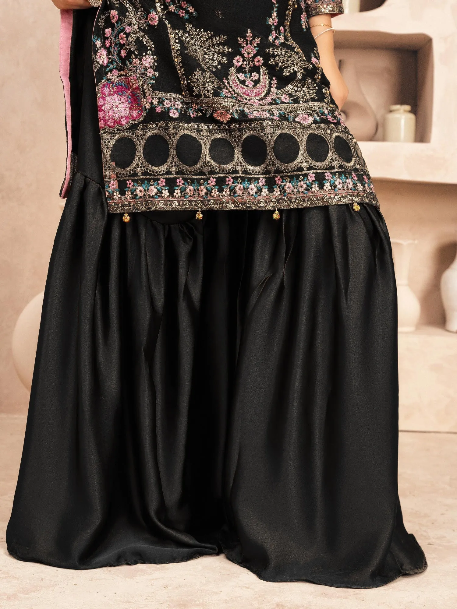 Black Embroidered Chiffon Suit with Silk Gharara