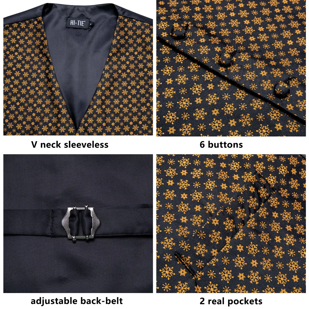 Black Golden SnowFlake Novelty Jacquard Silk Men's Vest Hanky Cufflinks Tie Set