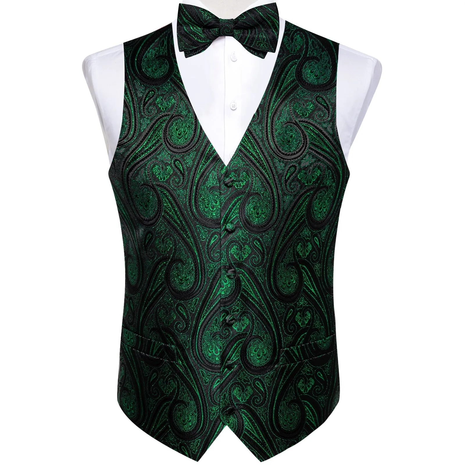 Black Green Paisley Jacquard Silk Men's Vest Hanky Cufflinks Necktie Bowtie Set