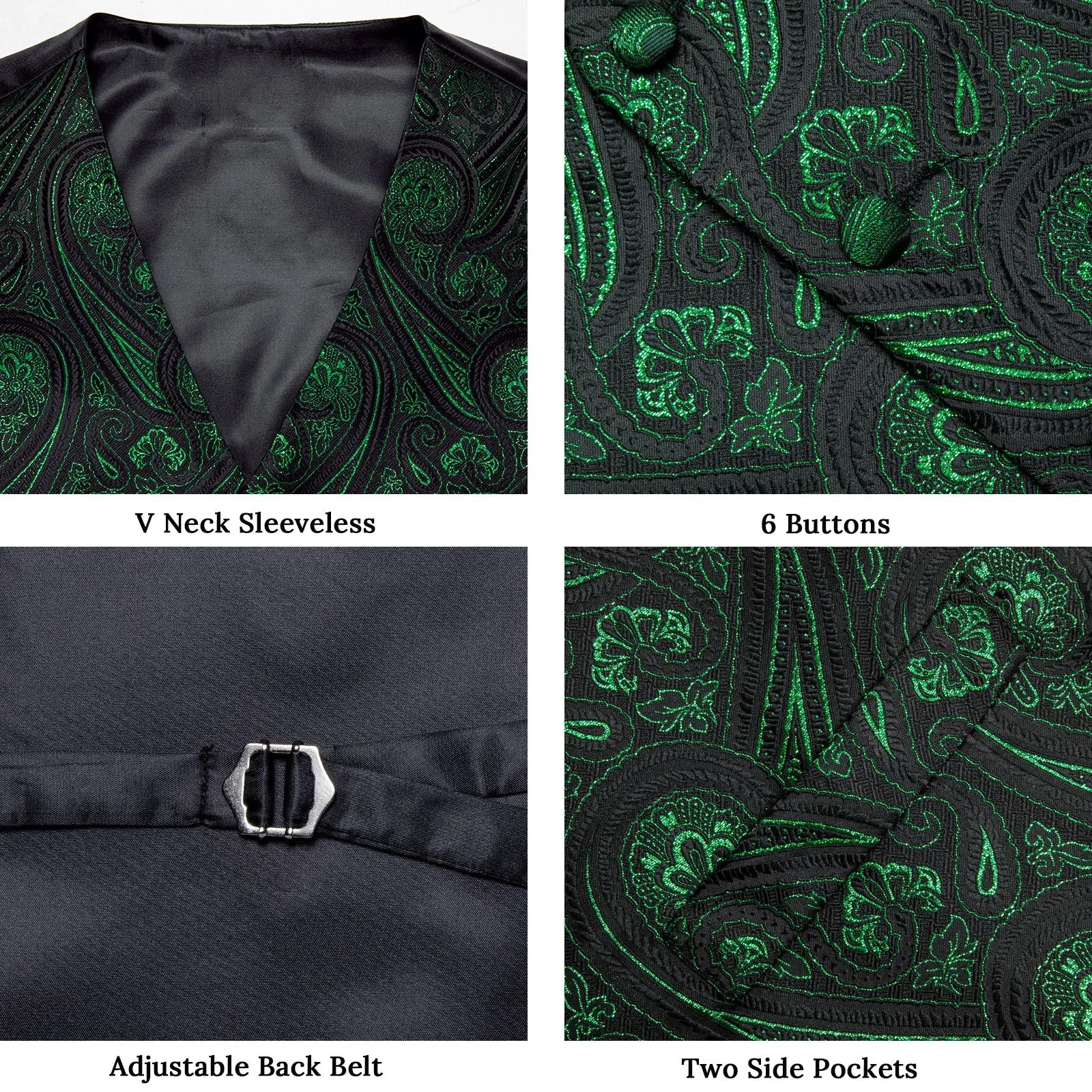 Black Green Paisley Jacquard Silk Men's Vest Hanky Cufflinks Necktie Bowtie Set