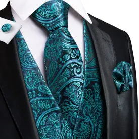 Blue Green Paisley Jacquard Silk Men's Vest Hanky Cufflinks Tie Set