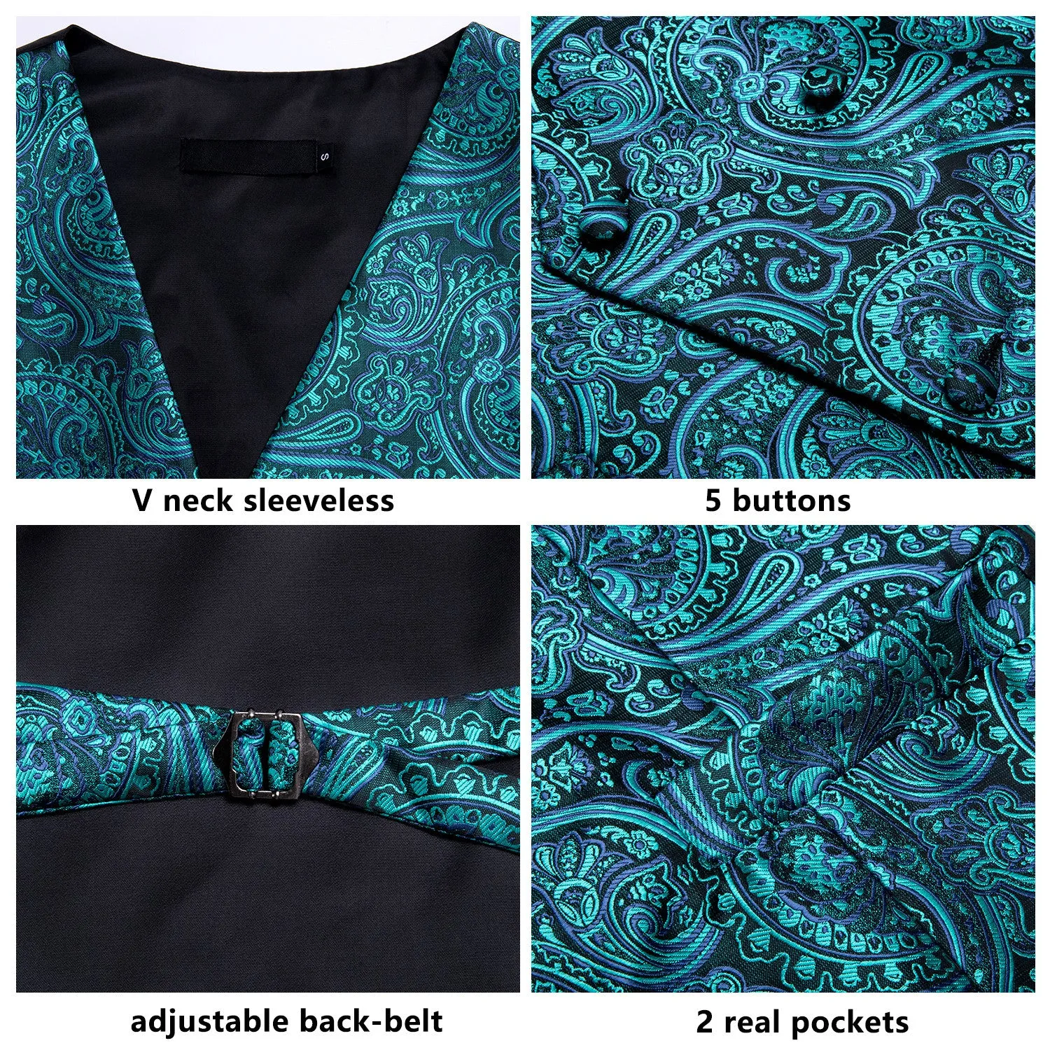 Blue Green Paisley Jacquard Silk Men's Vest Hanky Cufflinks Tie Set