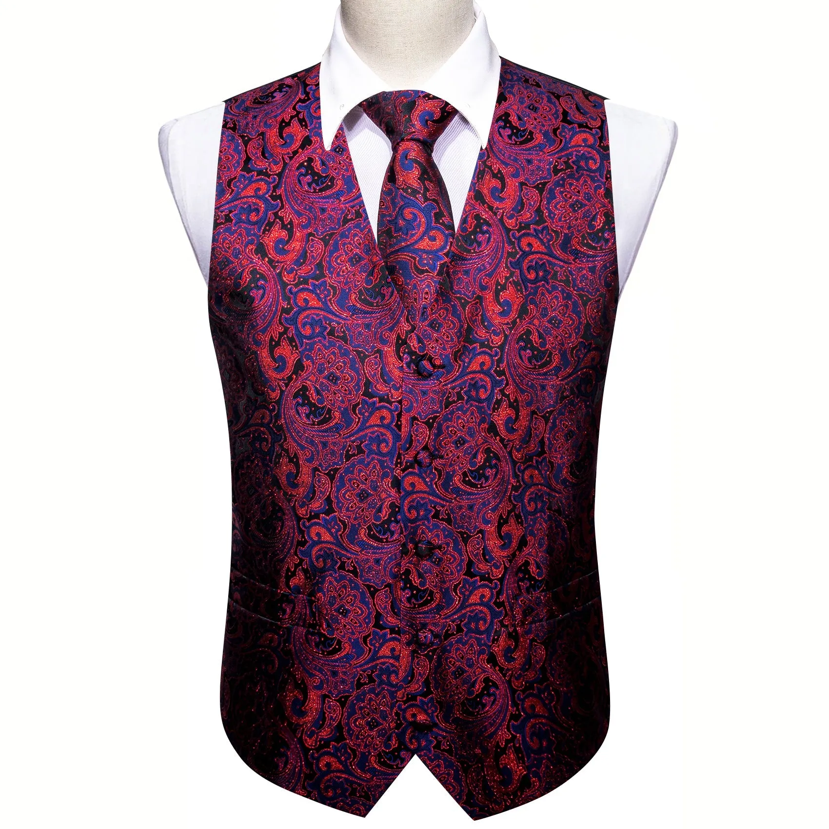 Blue Red Paisley Jacquard Silk Men's Vest Hanky Cufflinks Tie Set