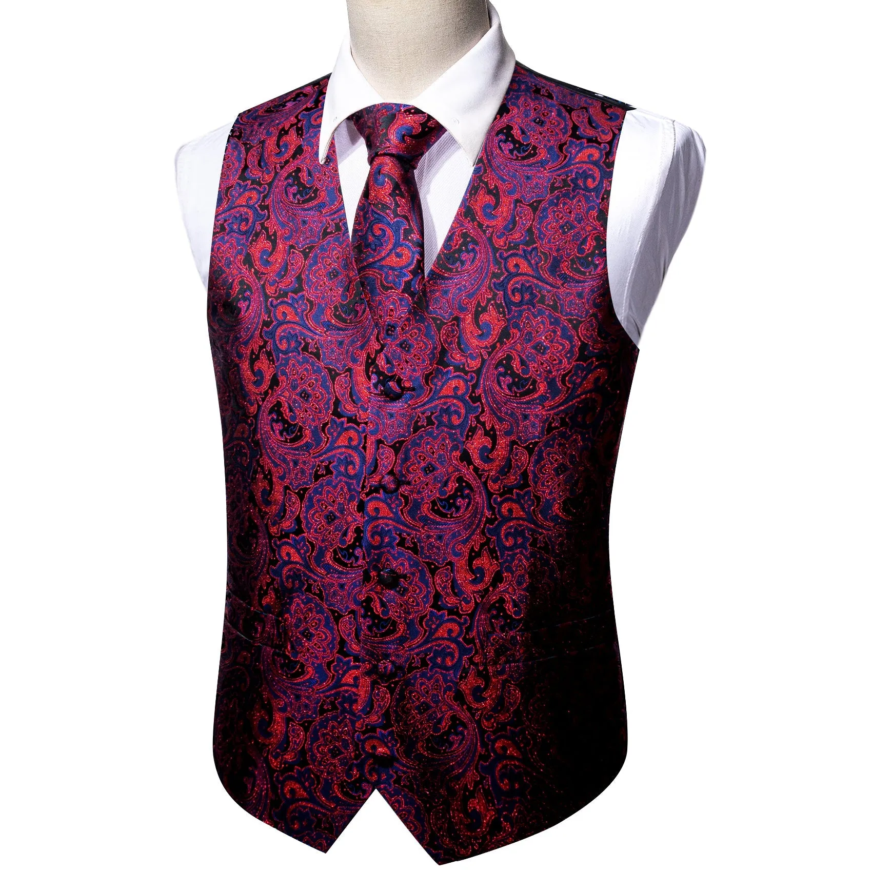 Blue Red Paisley Jacquard Silk Men's Vest Hanky Cufflinks Tie Set