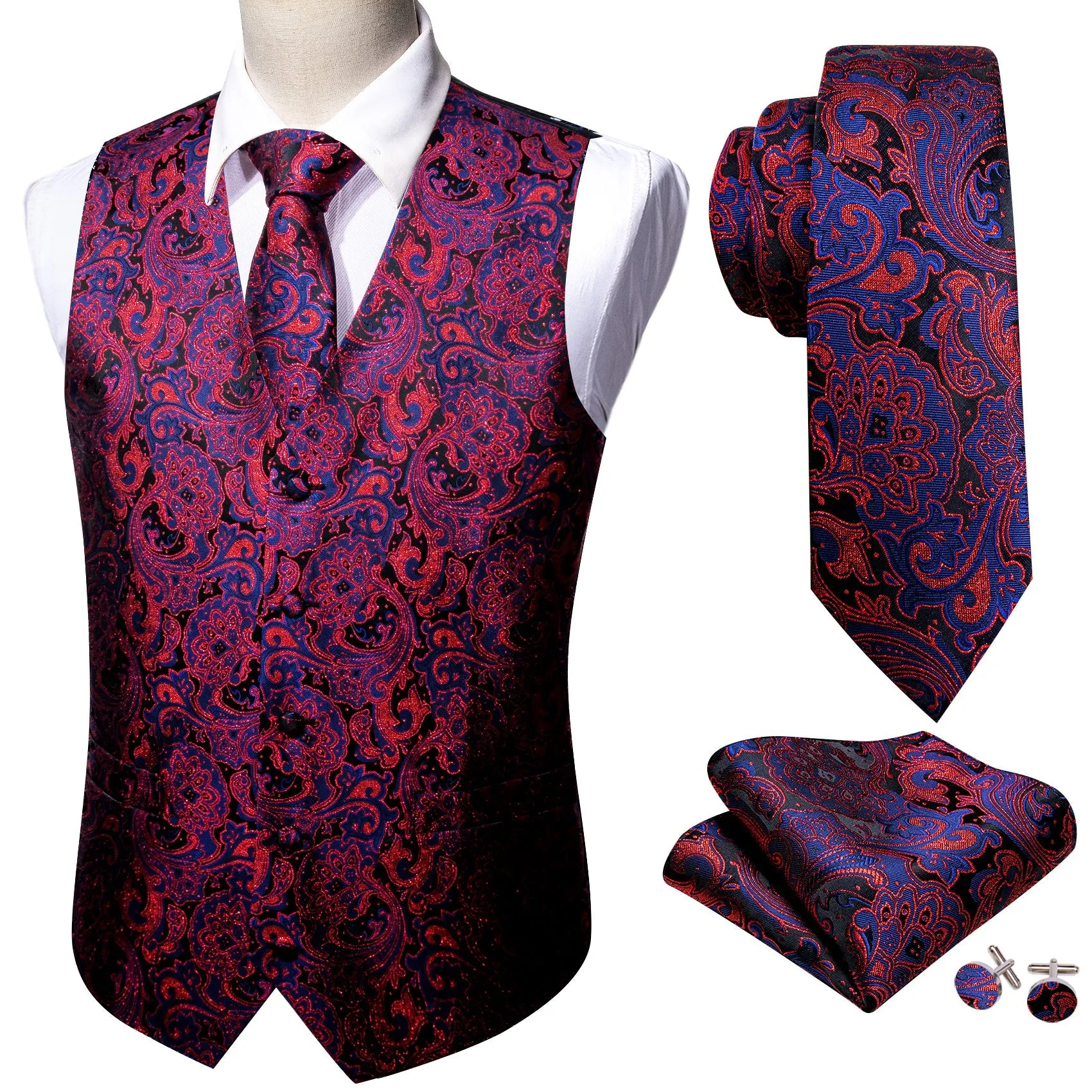 Blue Red Paisley Jacquard Silk Men's Vest Hanky Cufflinks Tie Set