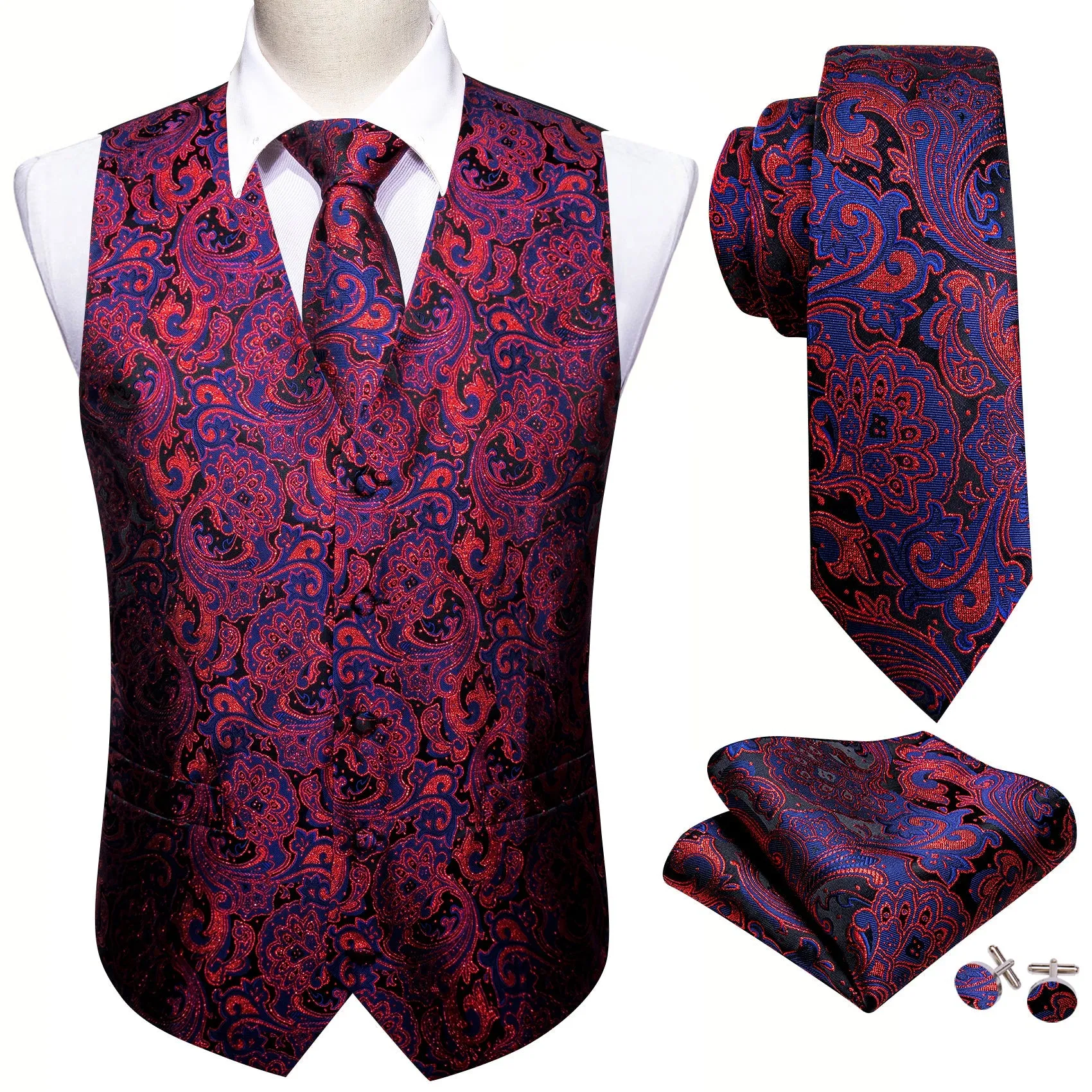 Blue Red Paisley Jacquard Silk Men's Vest Hanky Cufflinks Tie Set