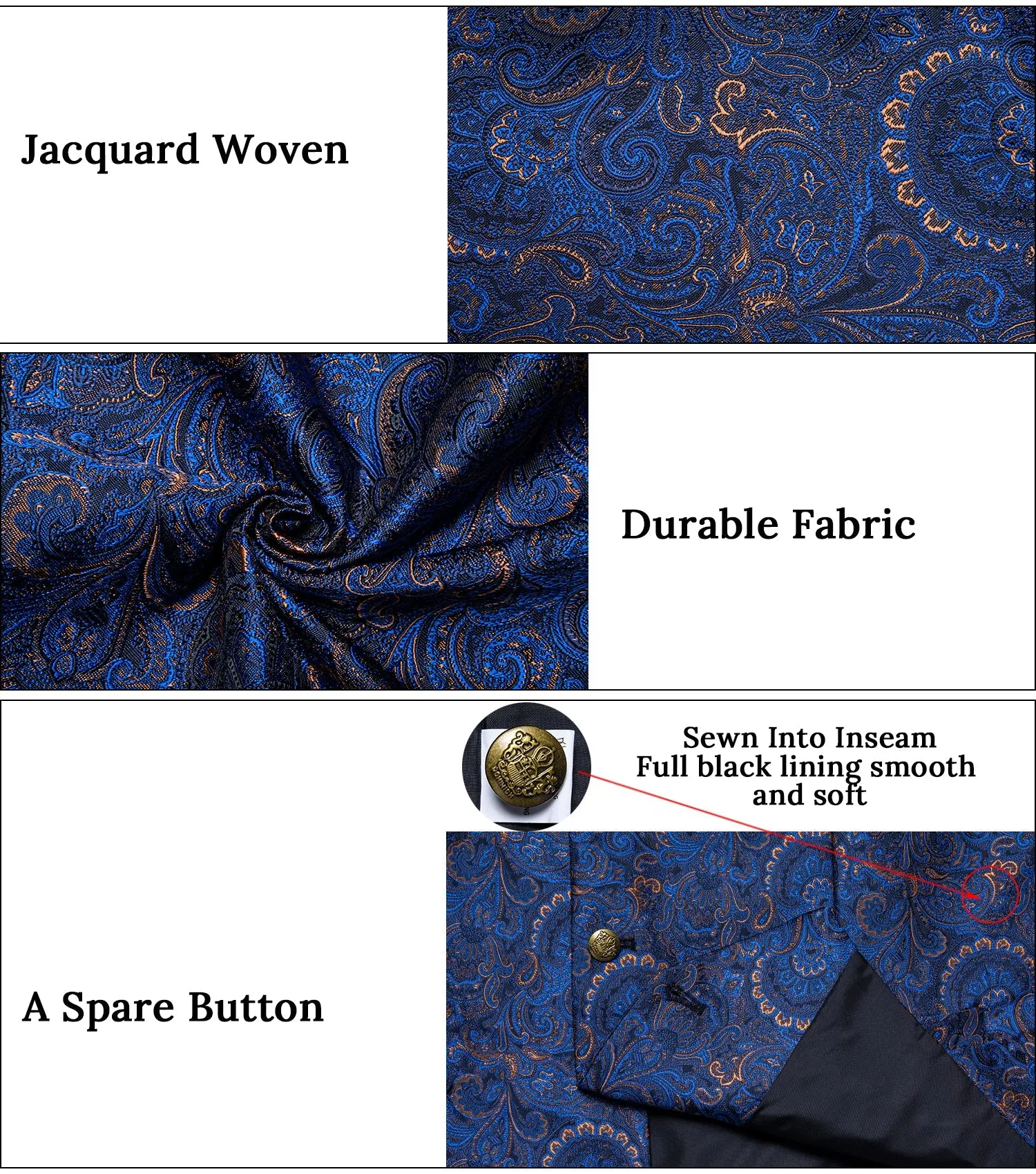 Blue Yellow Floral Jacquard Luxury Men's Vest Tie Hanky Cufflinks Set