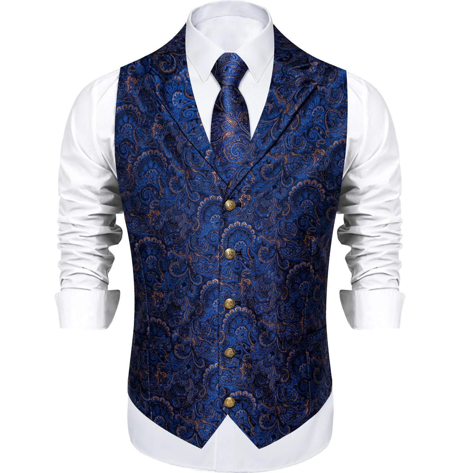 Blue Yellow Floral Jacquard Luxury Men's Vest Tie Hanky Cufflinks Set