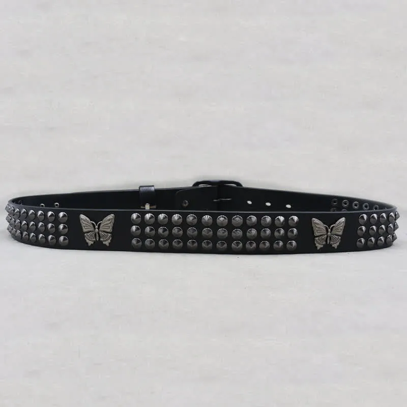 Butterfly Rivets Goth Three Rows Studded Leather Belt