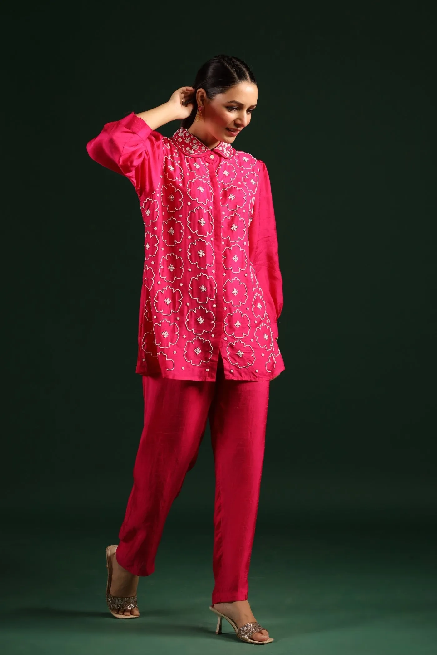 Cerise Pink Beads Embroidred Co-ord Set