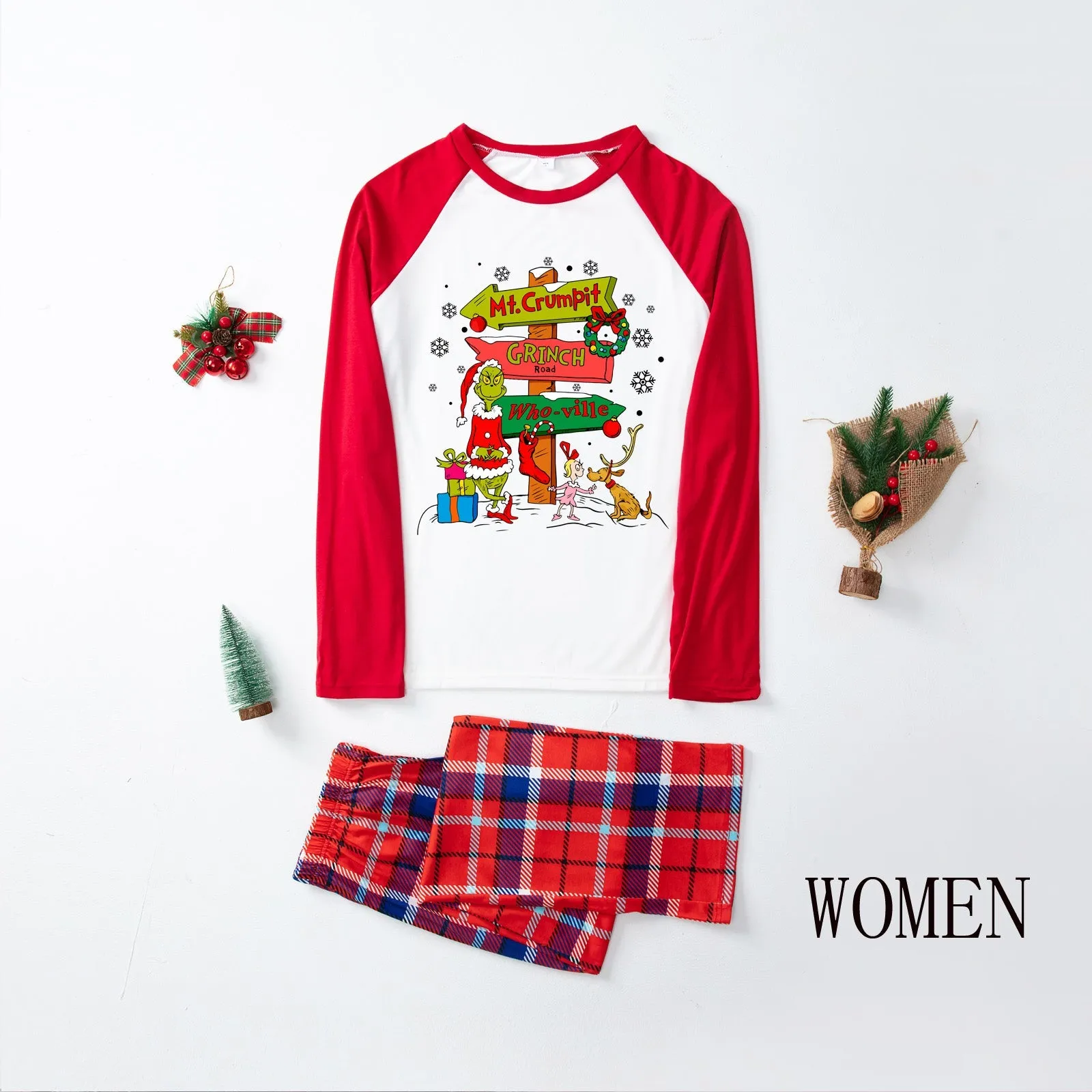 Christmas Plaid Cartoon Letter Print Red Pajama Set