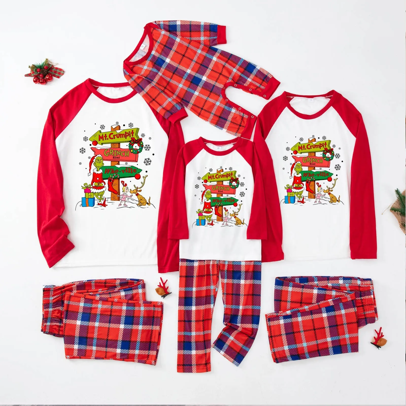 Christmas Plaid Cartoon Letter Print Red Pajama Set