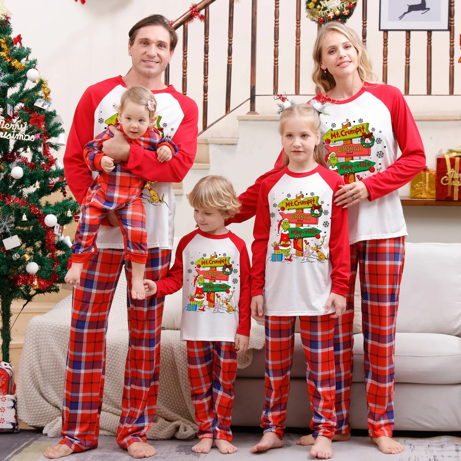 Christmas Plaid Cartoon Letter Print Red Pajama Set