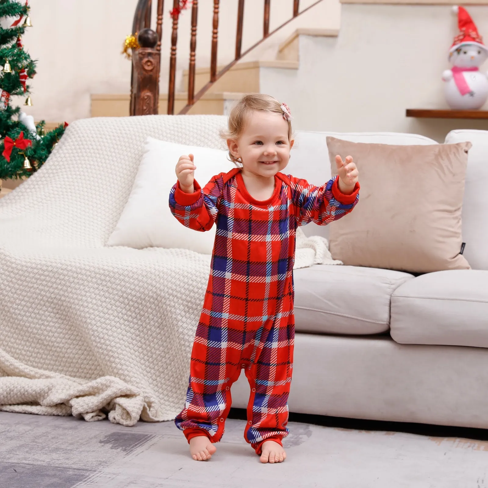 Christmas Plaid Cartoon Letter Print Red Pajama Set