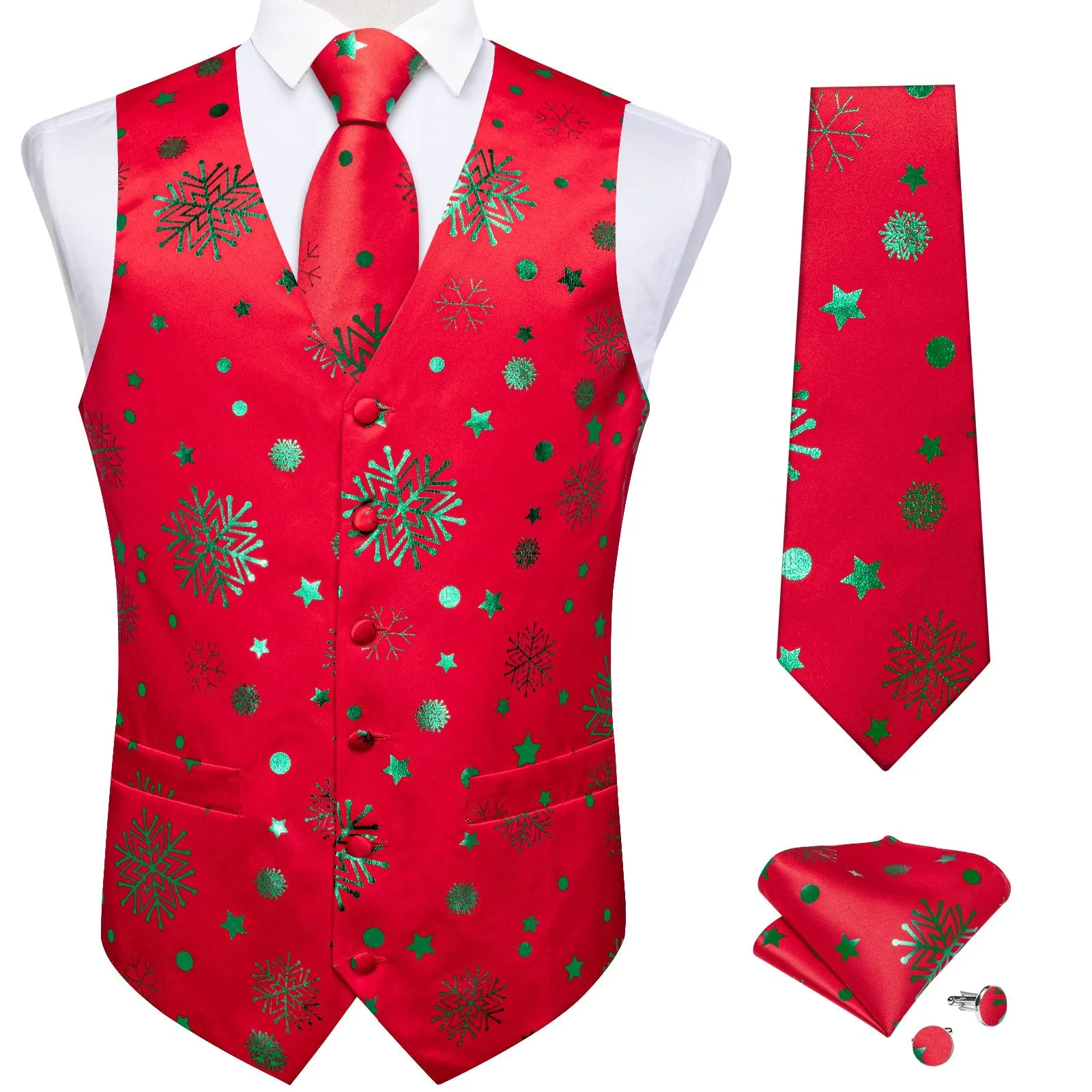 Christmas Red Green Pattern Novelty Jacquard Silk Men's Vest Hanky Cufflinks Tie Set