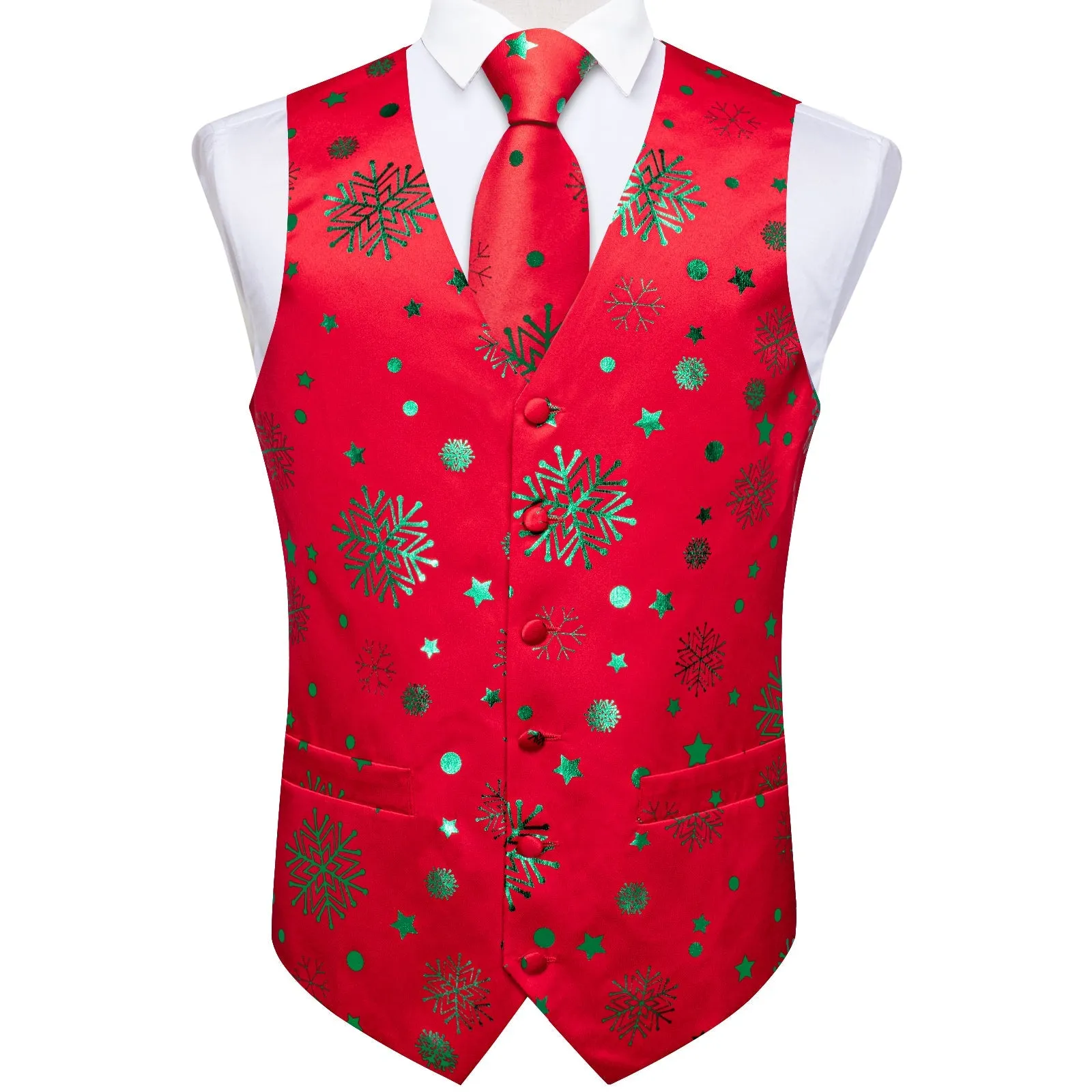 Christmas Red Green Pattern Novelty Jacquard Silk Men's Vest Hanky Cufflinks Tie Set