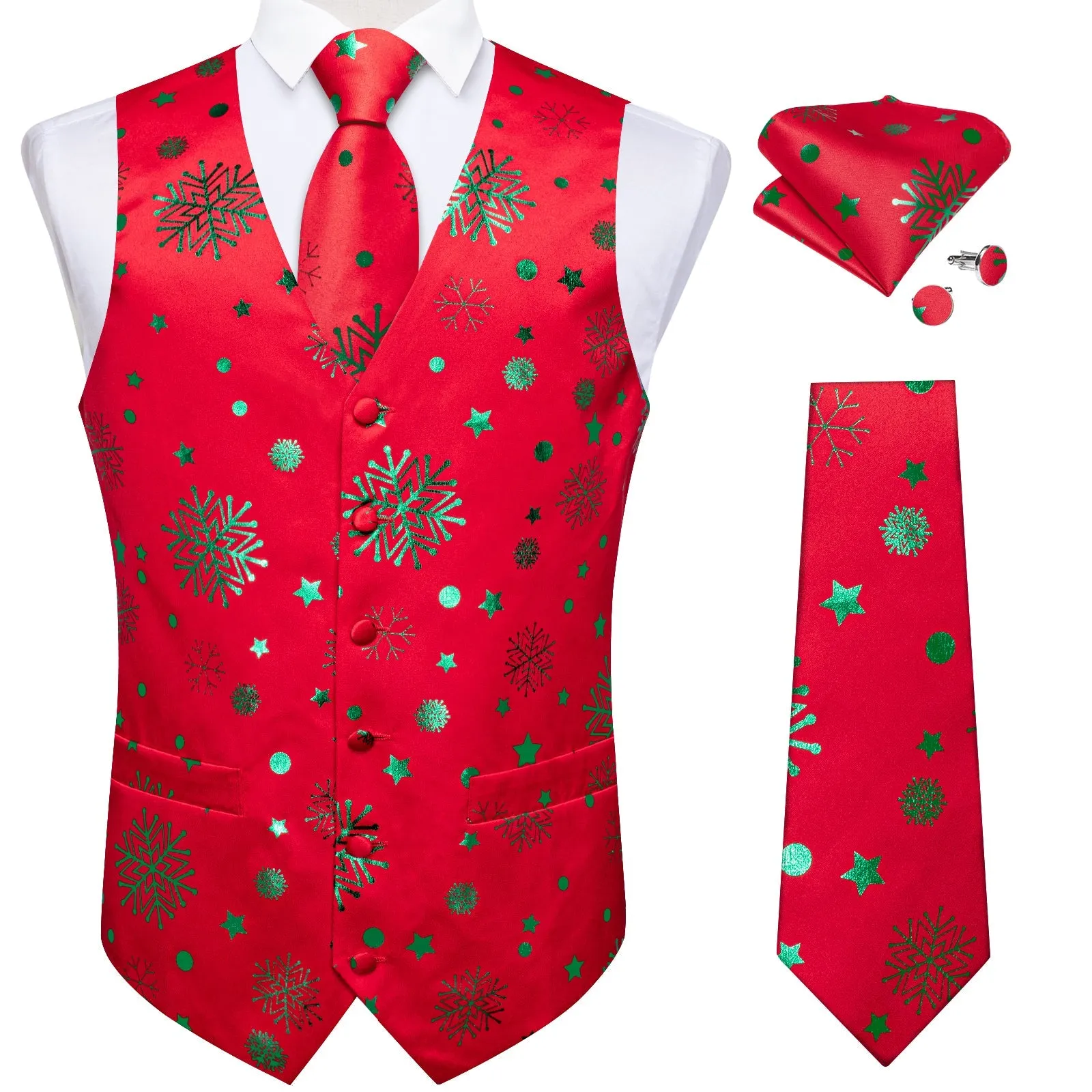 Christmas Red Green Pattern Novelty Jacquard Silk Men's Vest Hanky Cufflinks Tie Set