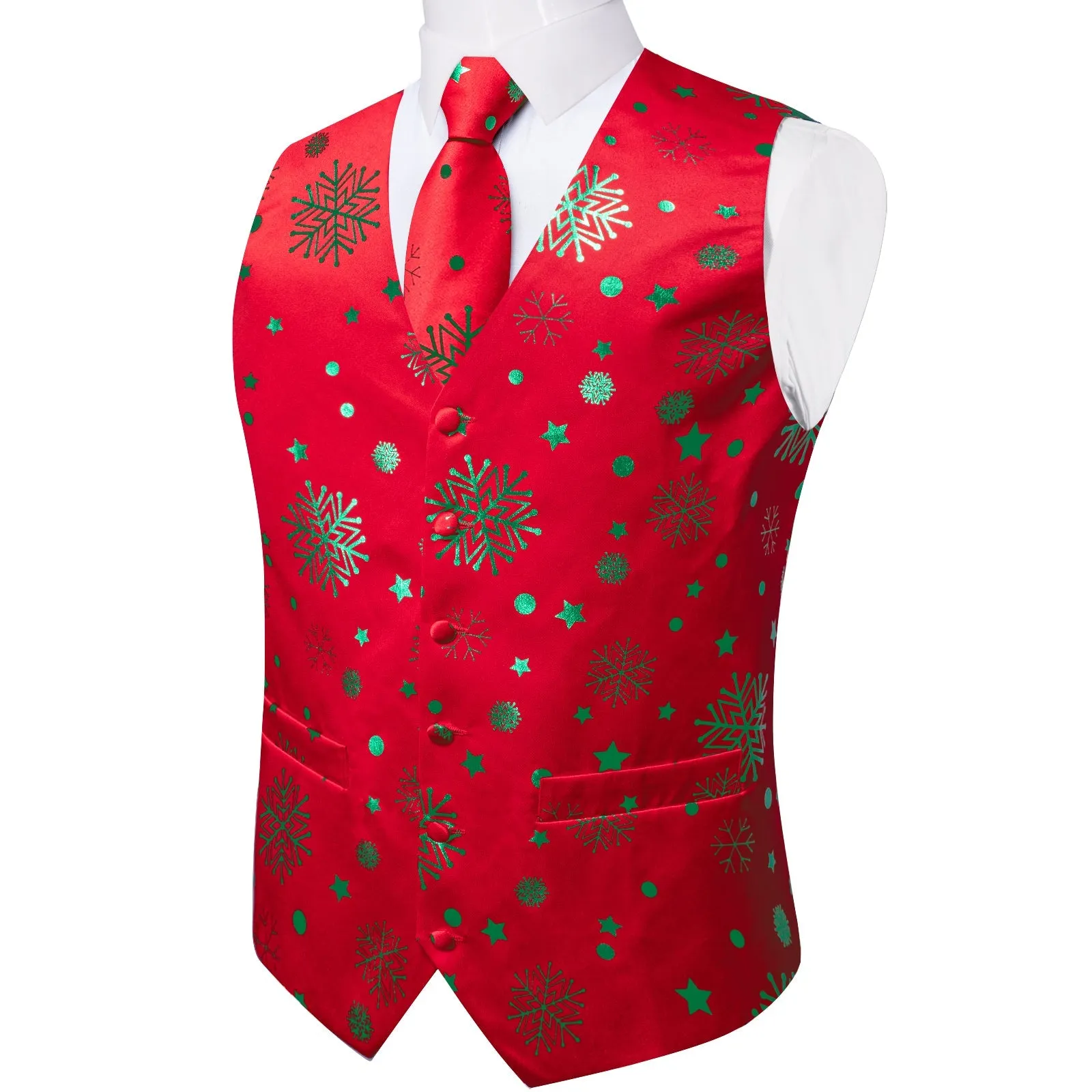 Christmas Red Green Pattern Novelty Jacquard Silk Men's Vest Hanky Cufflinks Tie Set