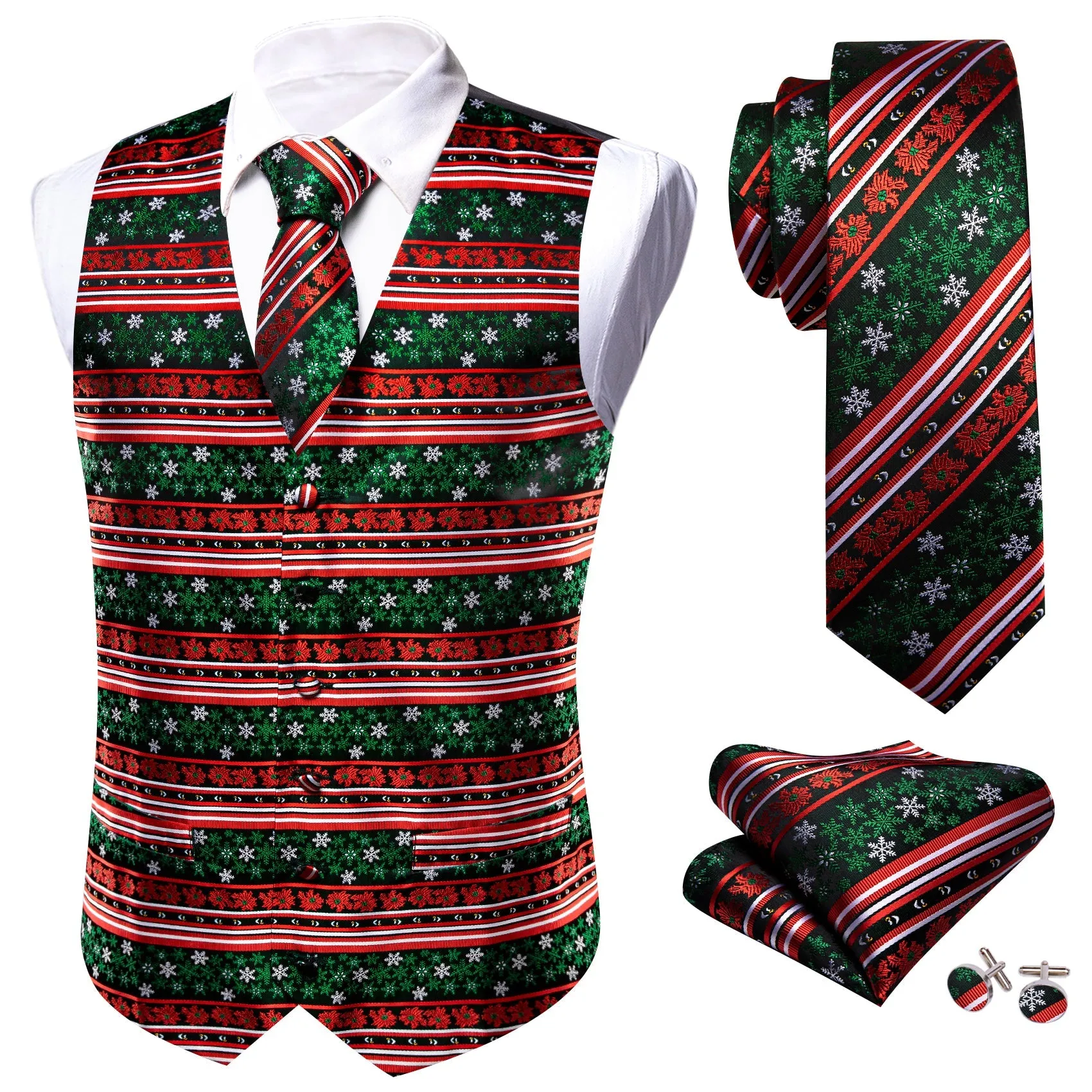 Christmas Red Green White Snowflake Silk Men's Vest Hanky Cufflinks Tie Set