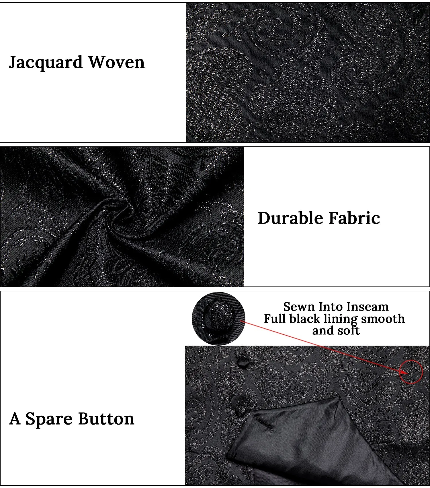 Classic Black Paisley Jacquard Silk Men's Vest Hanky Cufflinks Tie Set