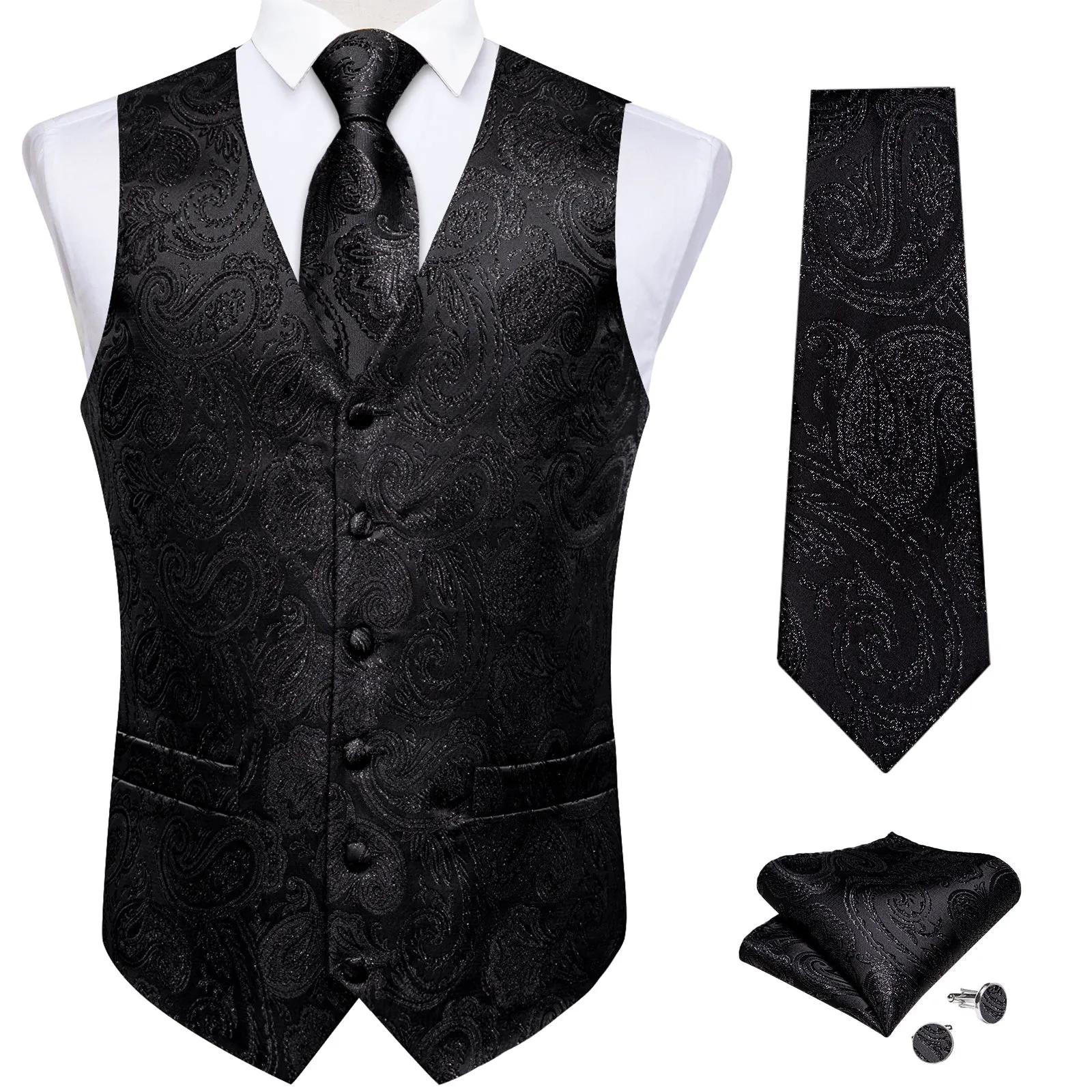 Classic Black Paisley Jacquard Silk Men's Vest Hanky Cufflinks Tie Set