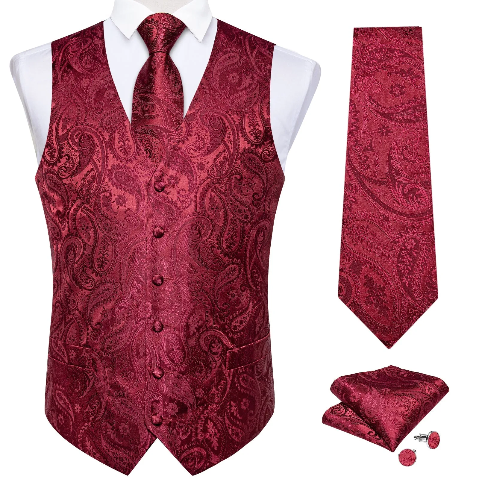 Classic Red Paisley Men's V-Neck Vest Tie Hanky Cufflinks Set Waistcoat Suit Set