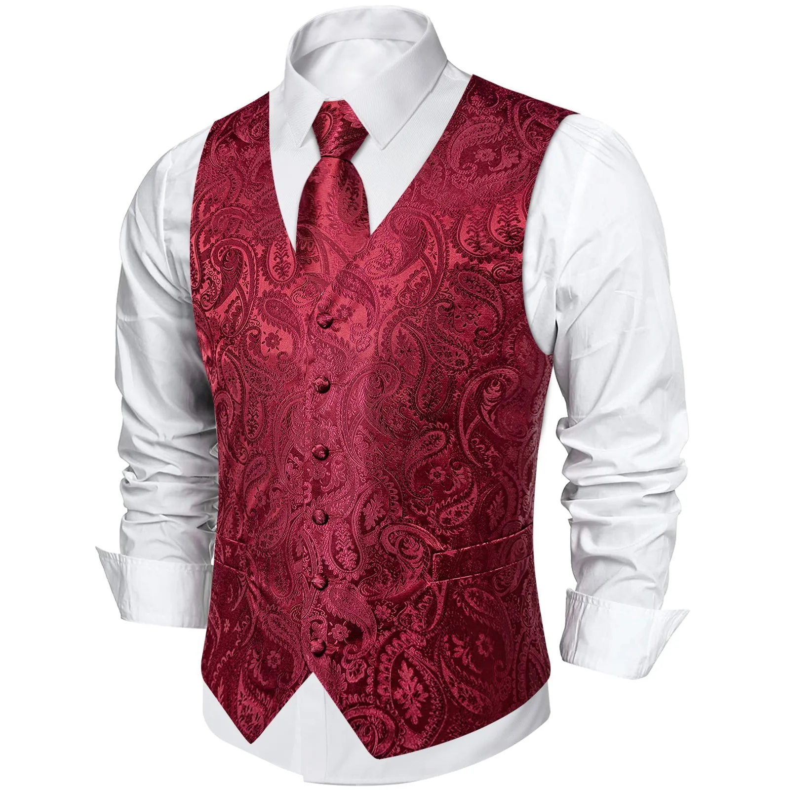 Classic Red Paisley Men's V-Neck Vest Tie Hanky Cufflinks Set Waistcoat Suit Set