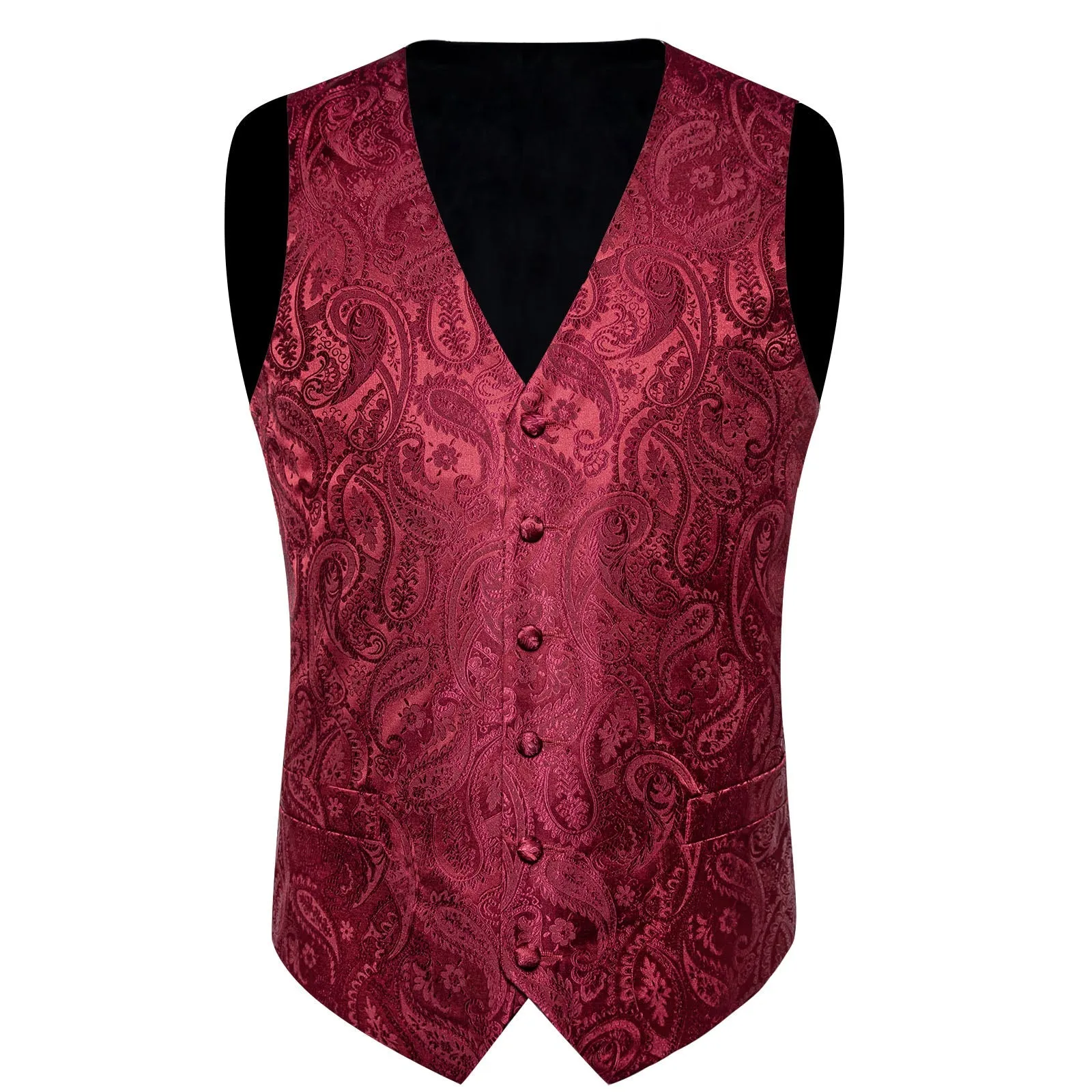 Classic Red Paisley Men's V-Neck Vest Tie Hanky Cufflinks Set Waistcoat Suit Set